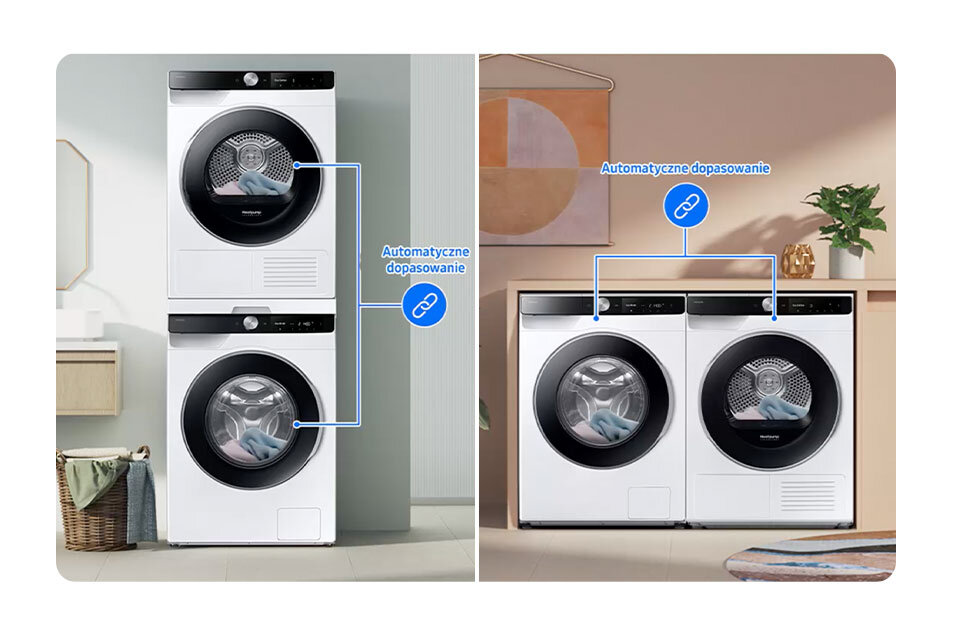 Funkcja Auto Cycle Link - inteligentne połączenie pralki z suszarką Samsung Obraz przedstawia dwa zestawy pralek i suszarek ustawionych pionowo i poziomo. Na obu zestawach widoczny jest napis \'Automatyczne dopasowanie\'.