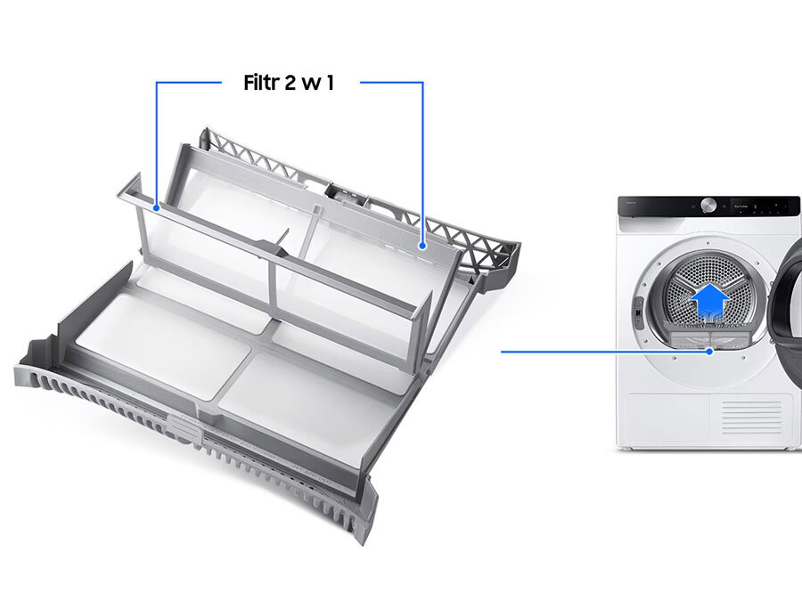 Filtr 2w1 w suszarce Samsung DV90DG6845LKU4 Obraz przedstawia filtr 2 w 1 oraz suszarkę z otwartymi drzwiami. Na filtrze widoczny jest napis \'Filtr 2 w 1\'.