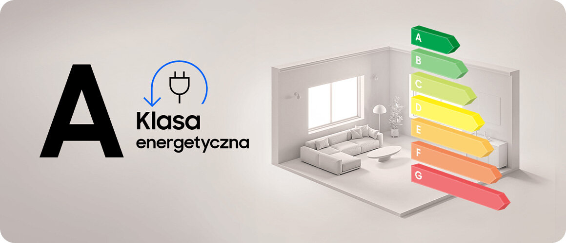 klasa energetyczna A w suszarce DV90DG6845LKU4 Obraz przedstawia napis \'A Klasa energetyczna\' z ikoną wtyczki oraz kolorowy wykres klas energetycznych od A do G. W tle widoczny jest minimalistyczny pokój z sofą i oknem.