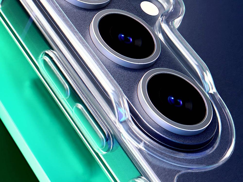 Zbliżenie na przezroczyste etui na telefon z widocznymi wycięciami na dwa obiektywy aparatu i przyciski boczne. Etui ma gładką powierzchnię i jest wykonane z przezroczystego materiału.
