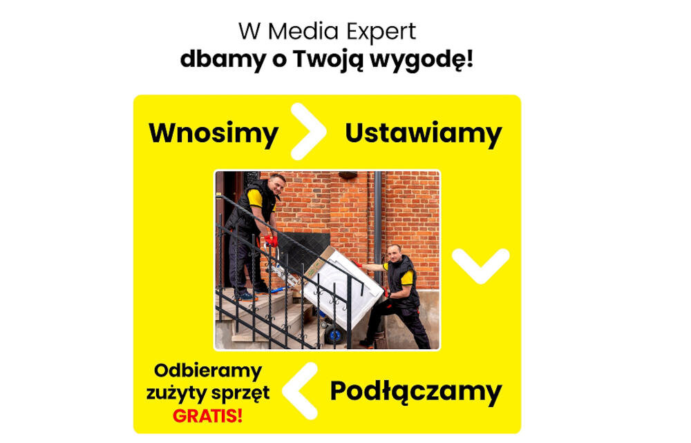 Na żółtym tle znajduje się zdjęcie dwóch osób wnoszących pralkę po schodach. Tekst: \'W Media Expert dbamy o Twoją wygodę! Wnosimy, Ustawiamy, Podłączamy, Odbieramy zużyty sprzęt GRATIS!\'.