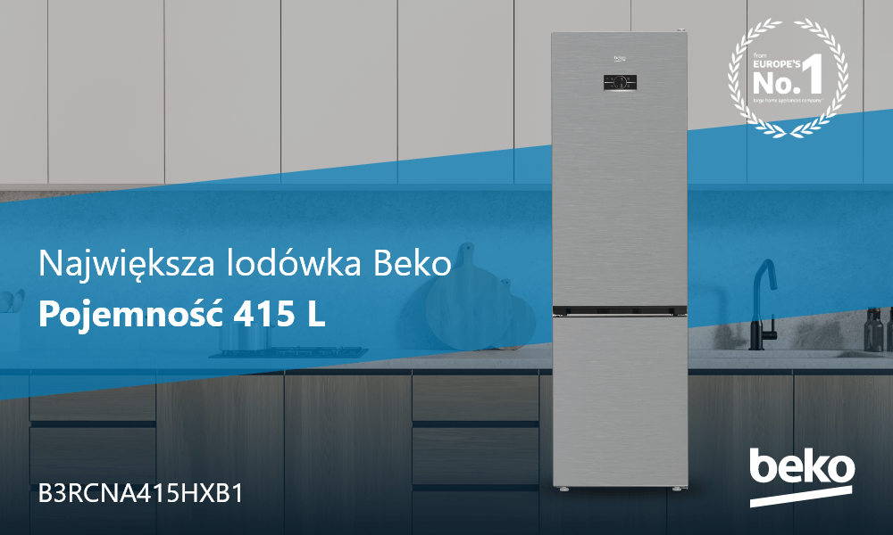 LODÓWKA BEKO B3RCNA415HXB1 Na zdjęciu znajduje się lodówka Beko na tle nowoczesnej kuchni, z dużym napisem „Pojemność 415 L”. Obraz promuje ją jako największy model Beko o tej pojemności.
