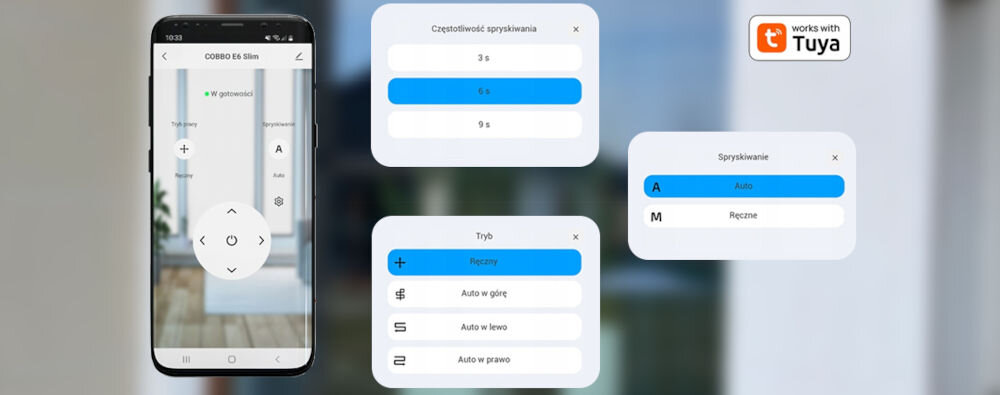 Na obrazie widoczny jest interfejs aplikacji na smartfonie z ustawieniami dla robota do mycia okien COBBO E6 Slim, z opcjami częstotliwości spryskiwania, trybu i sposobu spryskiwania. W prawym górnym rogu znajduje się logo \'works with Tuya\'.
