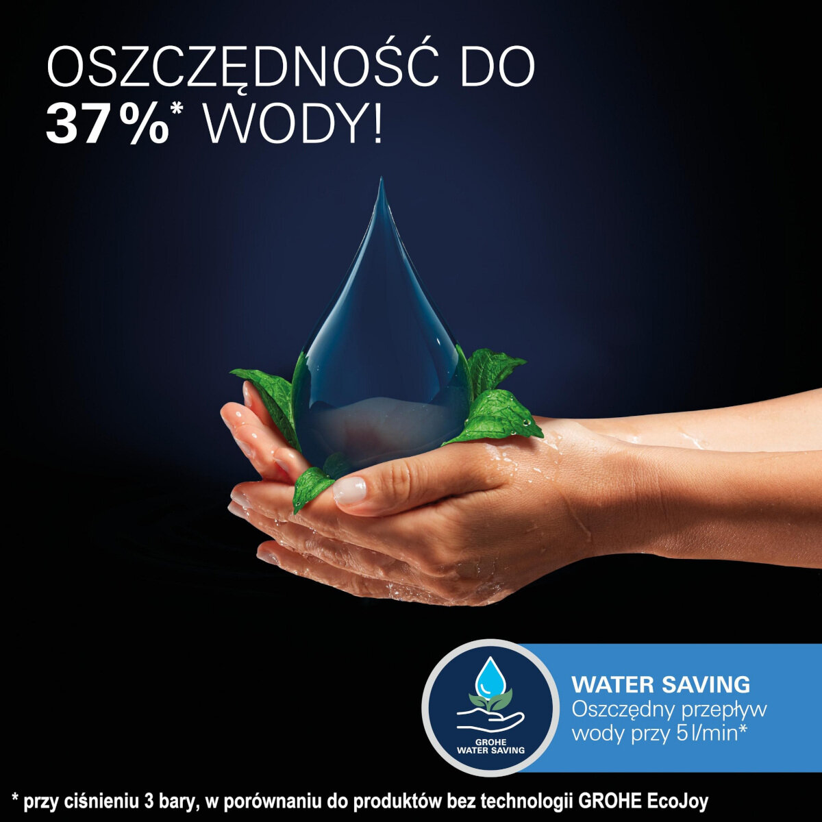 Na ciemnym tle widoczne są dłonie trzymające dużą kroplę wody otoczoną zielonymi liśćmi. Tekst na obrazie: \'OSZCZĘDNOŚĆ DO 37%* WODY!\' oraz \'WATER SAVING Oszczędny przepływ wody przy 5 l/min*\'.