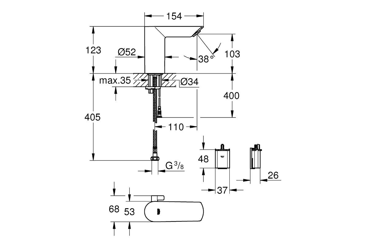 Schemat techniczny baterii umywalkowej z wymiarami w milimetrach, w tym wysokość 405 mm, średnica otworu montażowego Ø34 mm i kąt wylewki 38°.