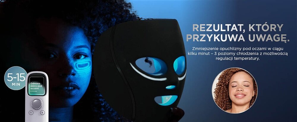 Obraz przedstawia czarną maskę LED z niebieskimi elementami świetlnymi na twarzy osoby. Obok widoczny jest tekst: \'REZULTAT, KTÓRY PRZYKUWA UWAGĘ. Zmniejszenie opuchlizny pod oczami w ciągu kilku minut - 3 poziomy chłodzenia z możliwością regulacji temperatury.\'