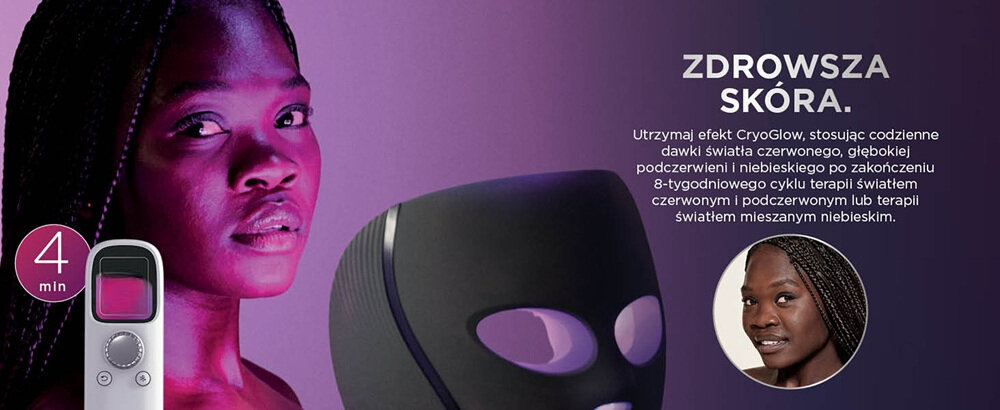Obraz przedstawia kobietę oraz maskę LED z napisem \'ZDROWSZA SKÓRA\'. Obok znajduje się tekst: \'Utrzymaj efekt CryoGlow, stosując codzienne dawki światła czerwonego, głębokiej podczerwieni i niebieskiego po zakończeniu 8-tygodniowego cyklu terapii światłem czerwonym i podczerwonym lub terapii światłem mieszanym niebieskim.\'