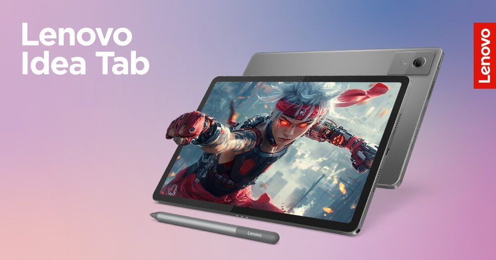 Na obrazie widoczny jest tablet z wyświetlaczem prezentującym postać w dynamicznej pozie, obok znajduje się rysik. W tle widoczne jest logo Lenovo oraz napis \'Lenovo Idea Tab\'.