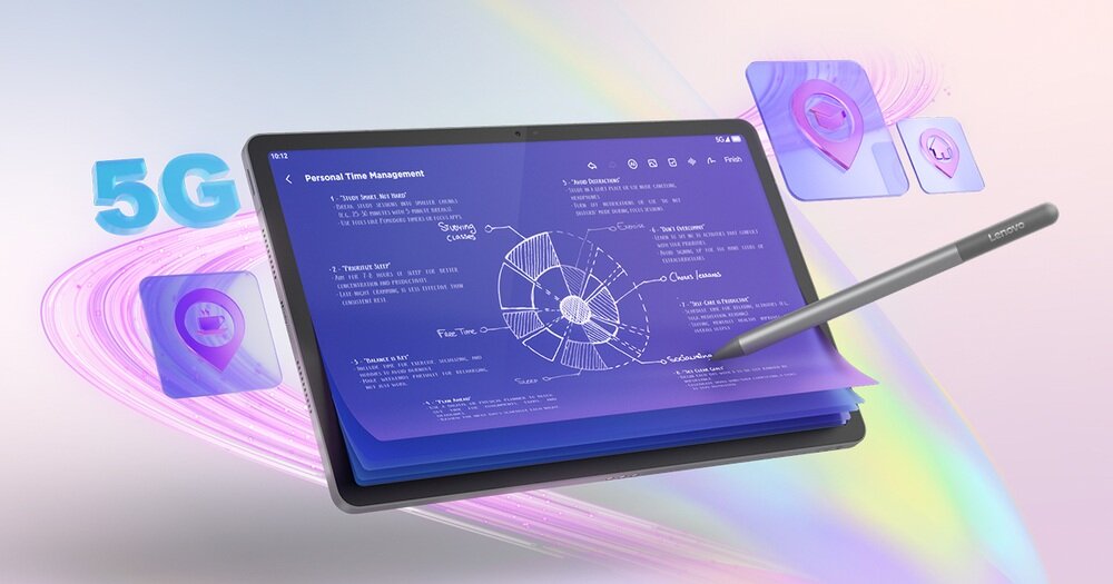 Tablet z wyświetlaczem pokazującym diagram i tekst \'Personal Time Management\', obok którego znajduje się rysik. W tle widoczne są symbole 5G oraz ikony lokalizacji.