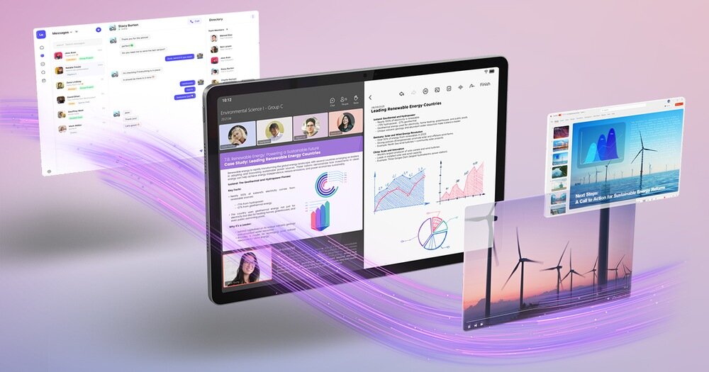 Tablet wyświetla różne aplikacje, w tym komunikator, dokument tekstowy z wykresami oraz przeglądarkę internetową z obrazem turbin wiatrowych. W tle widoczne są efekty graficzne sugerujące przepływ danych.