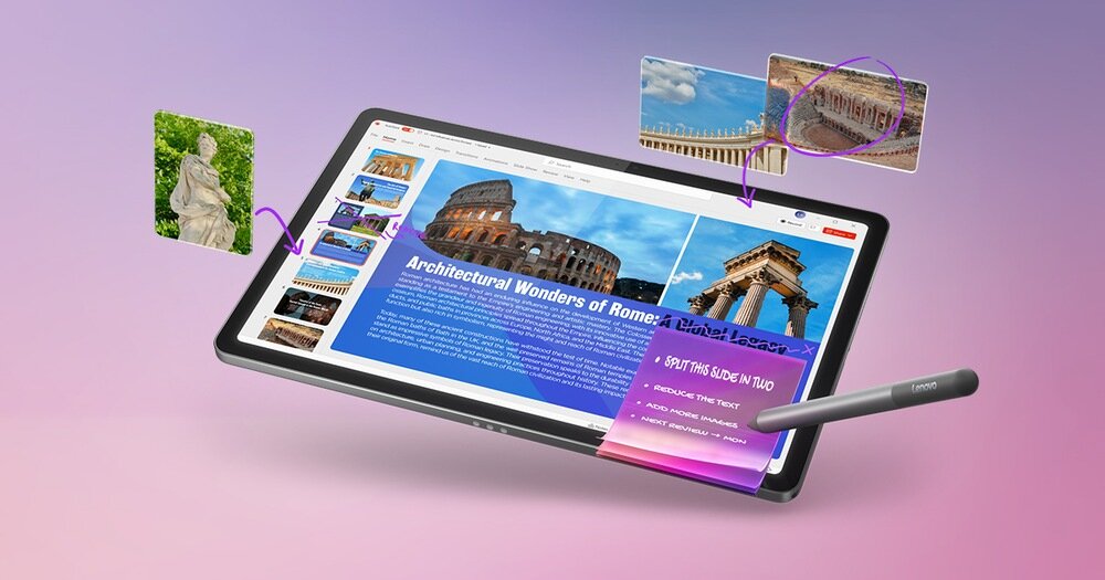 Tablet wyświetla stronę internetową z artykułem o architektonicznych cudach Rzymu, z widocznymi zdjęciami Koloseum i innych zabytków. Obok tabletu znajduje się rysik z logo \'Lenovo\'.