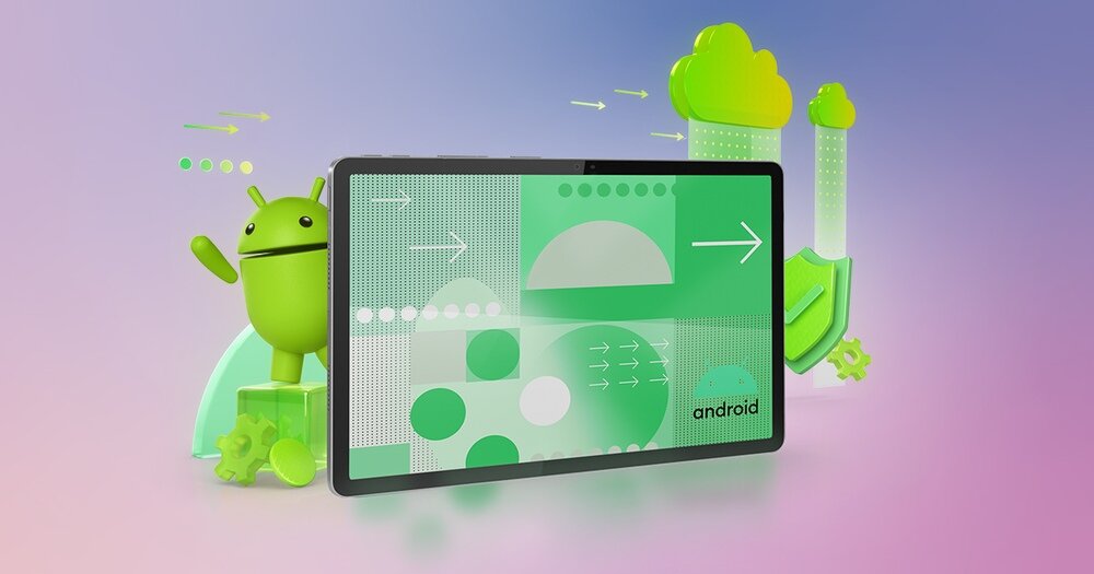 Obraz przedstawia tablet z wyświetlaczem pokazującym zielone wzory i strzałki oraz napis \'android\'. W tle znajduje się zielona maskotka Androida i chmury na gradientowym tle.