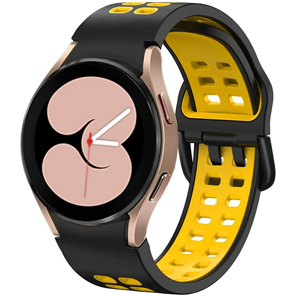 Smartwatch z czarno-żółtym paskiem sportowym, z okrągłym wyświetlaczem pokazującym abstrakcyjny wzór i wskazówki zegara. Pasek ma perforacje i kontrastujące kolory czerni na zewnątrz i żółci wewnątrz.