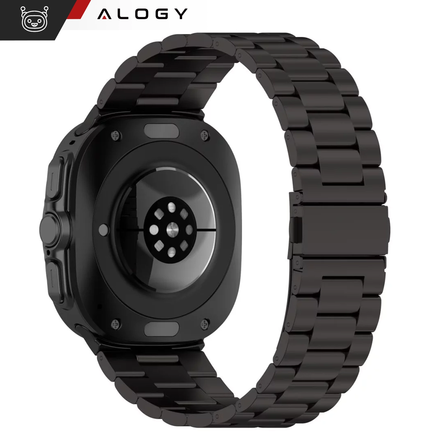 Czarny metalowy pasek do zegarka z widocznym zapięciem i logo \'ALOGY\' w lewym górnym rogu. Zegarek ma okrągły czujnik na spodzie koperty.