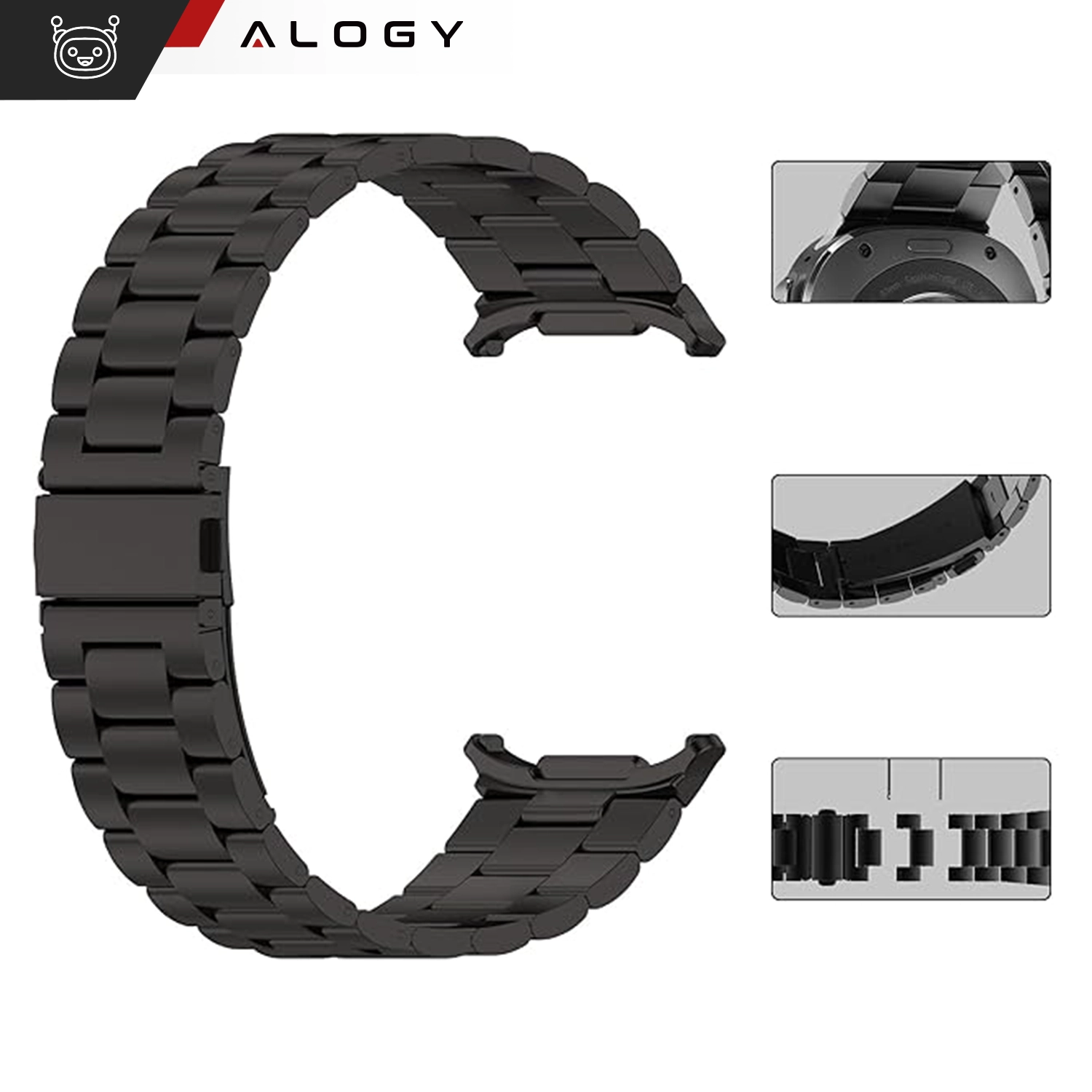 Czarny pasek do zegarka z metalowymi ogniwami, przedstawiony w kilku ujęciach, w tym zbliżenie na zapięcie i mocowanie. Logo \'Alogy\' widoczne w lewym górnym rogu.
