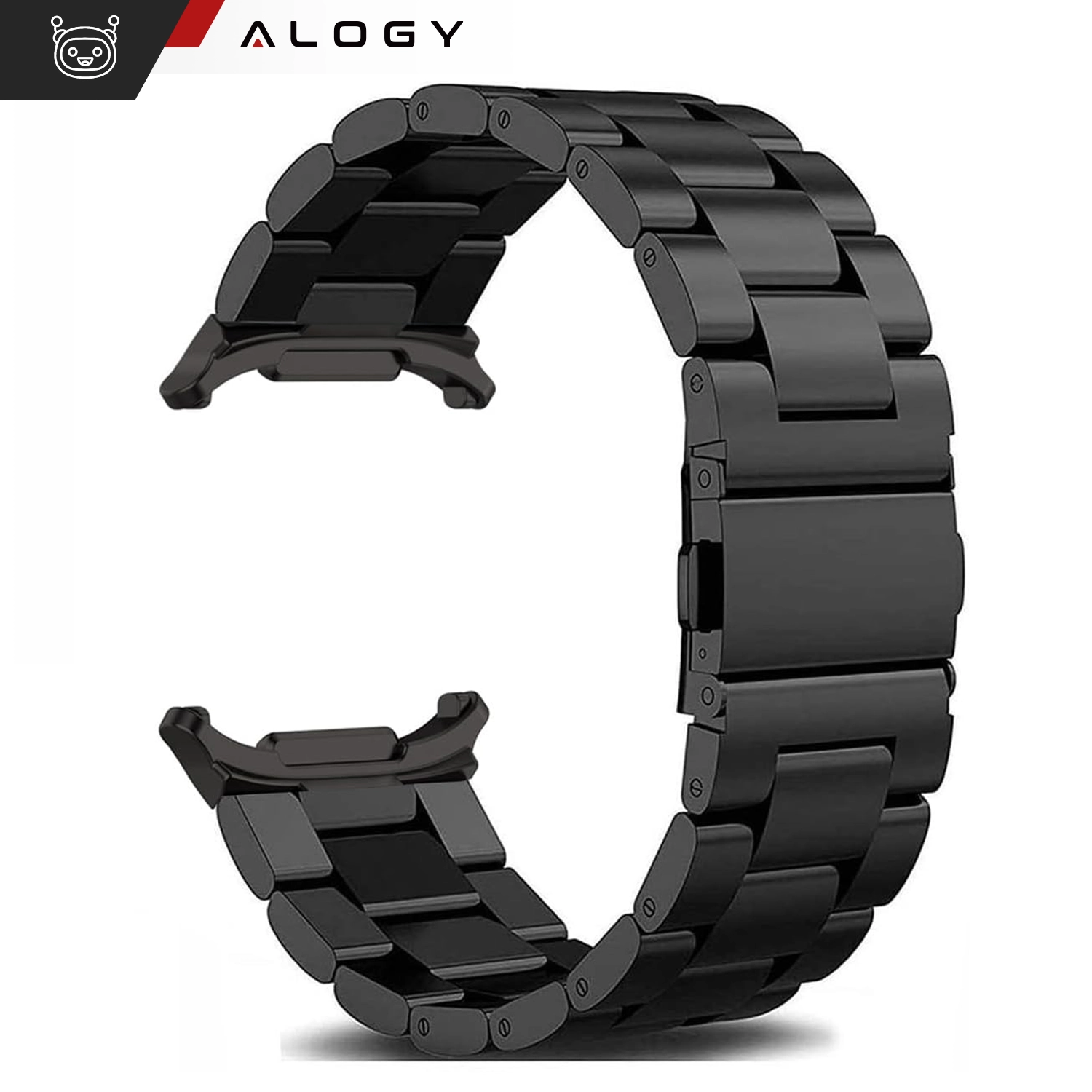 Czarny metalowy pasek do zegarka z segmentami połączonymi zawiasami. W lewym górnym rogu widoczne jest logo Alogy.