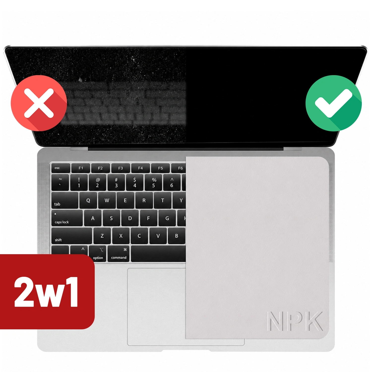Na obrazie widoczny jest laptop z otwartym ekranem, na którym po lewej stronie znajduje się czerwony symbol X, a po prawej zielony symbol V. Na klawiaturze leży szara ściereczka z wytłoczonym napisem \'NPK\', a w lewym dolnym rogu widnieje czerwony prostokąt z napisem \'2w1\'.
