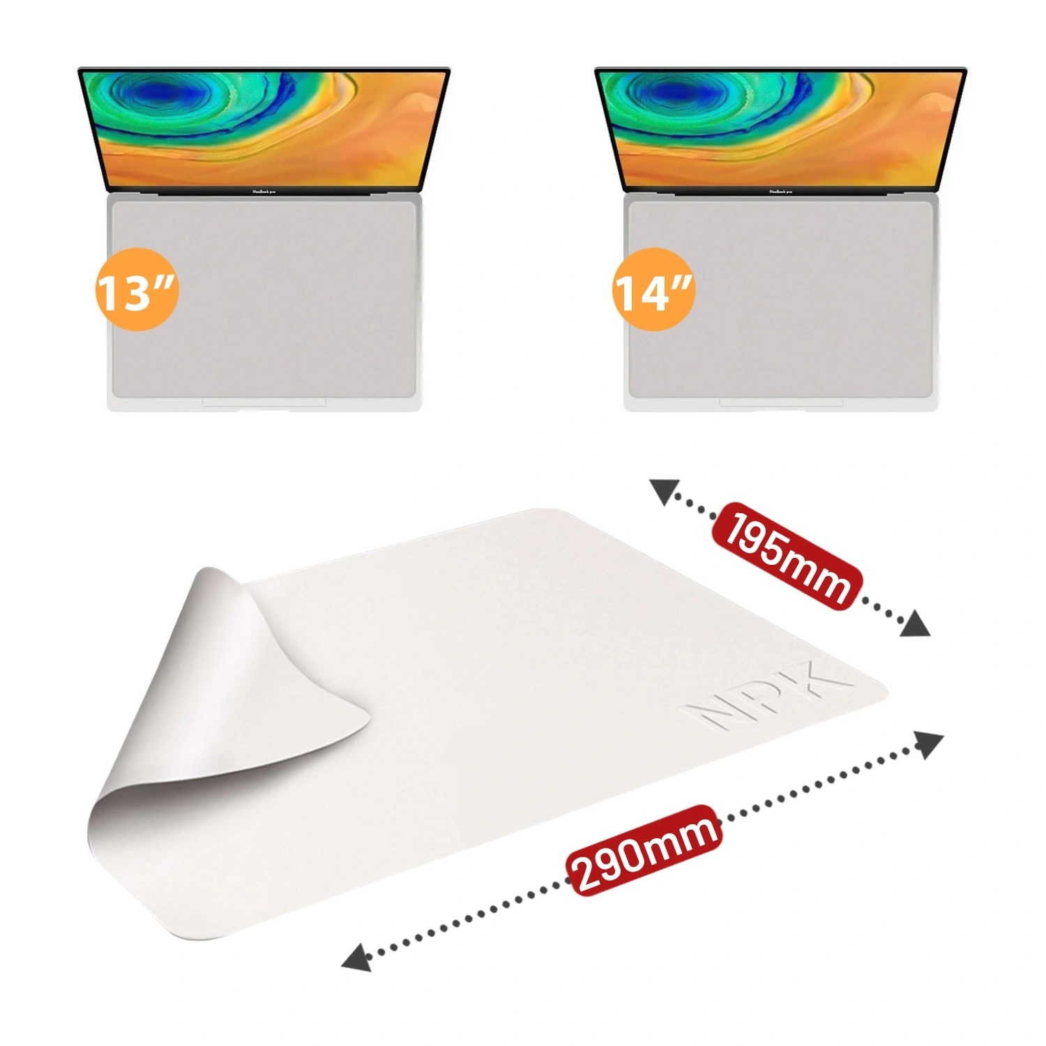 Obraz przedstawia dwie otwarte laptopy z ekranami o przekątnej 13 i 14 cali oraz białą ściereczkę z mikrofibry o wymiarach 290 mm na 195 mm z logo \'NPK\'.