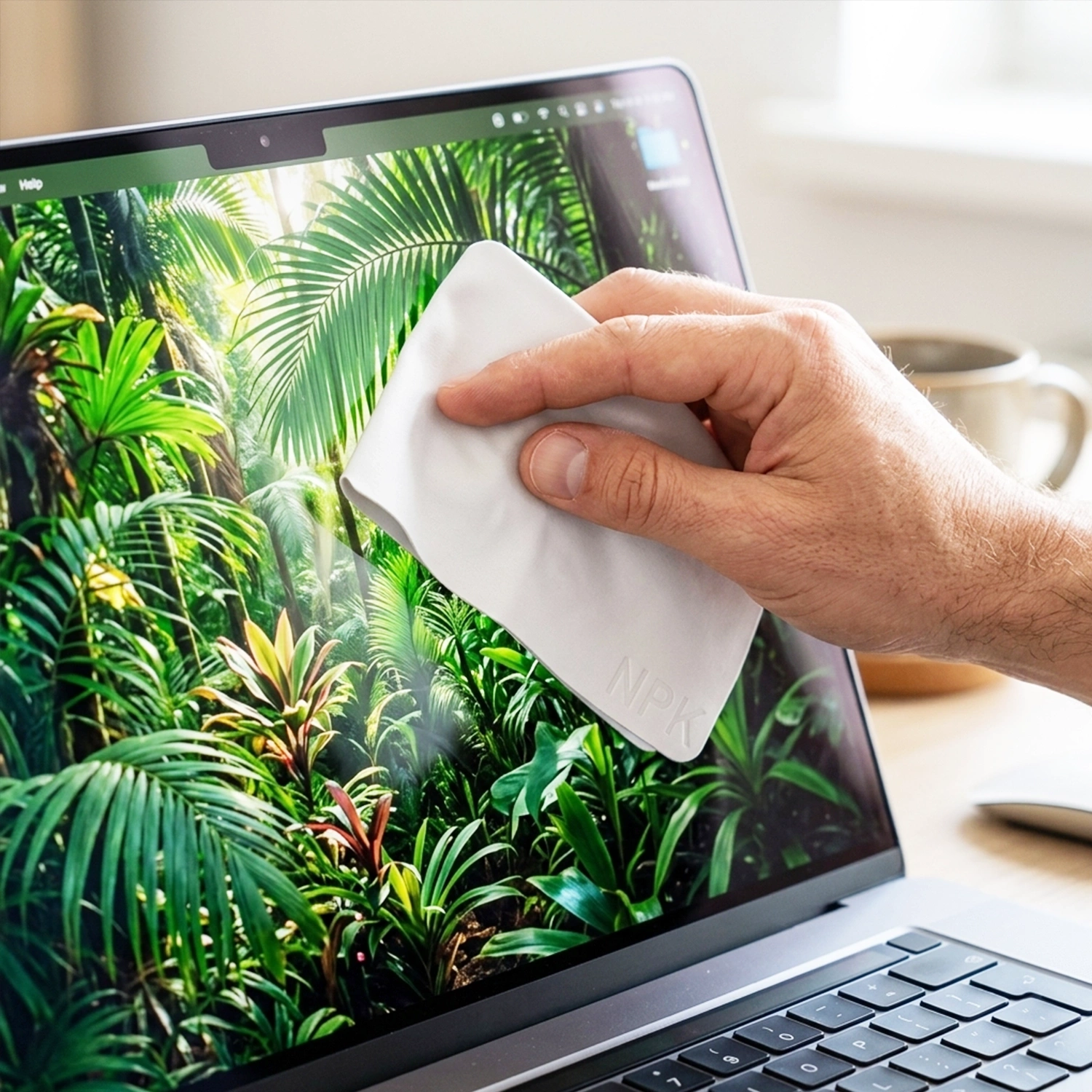 Osoba przeciera ekran laptopa białą ściereczką z napisem \'NPK\'. Na ekranie widoczny jest obraz przedstawiający zielone rośliny.