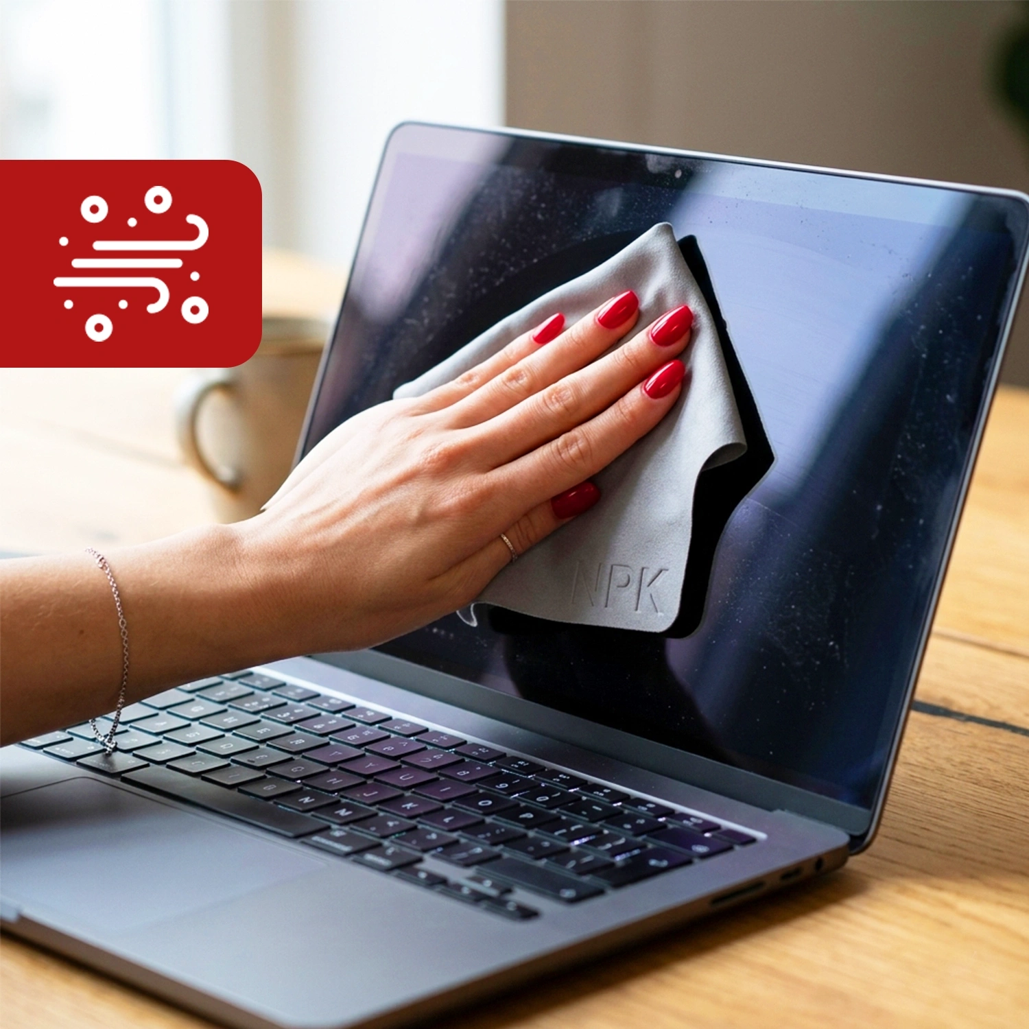 Osoba czyści ekran laptopa szmatką z mikrofibry z napisem \'NPK\'. W lewym górnym rogu znajduje się czerwony symbol z białymi liniami i kropkami.
