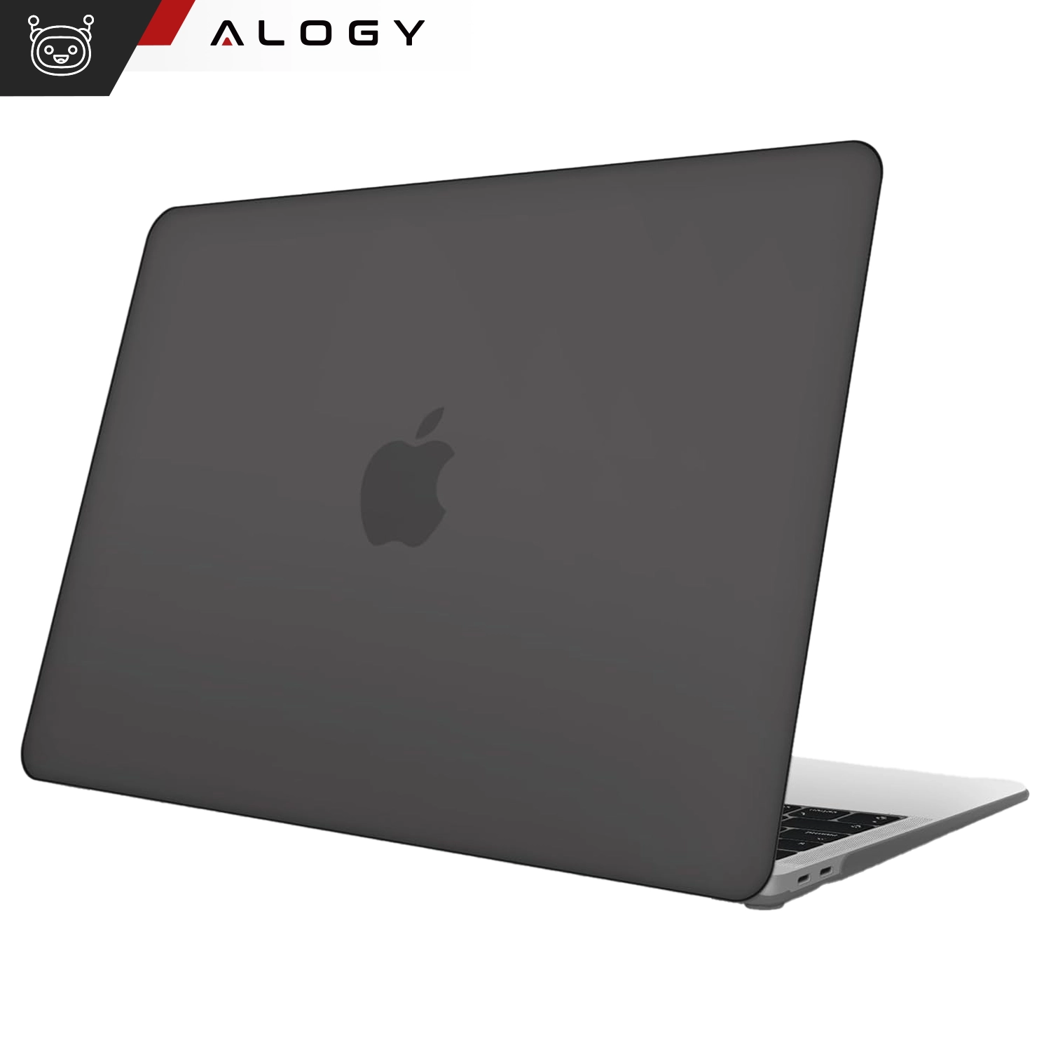 Na obrazie widoczny jest laptop z matową, czarną obudową ochronną. W lewym górnym rogu znajduje się logo \'ALOGY\'.