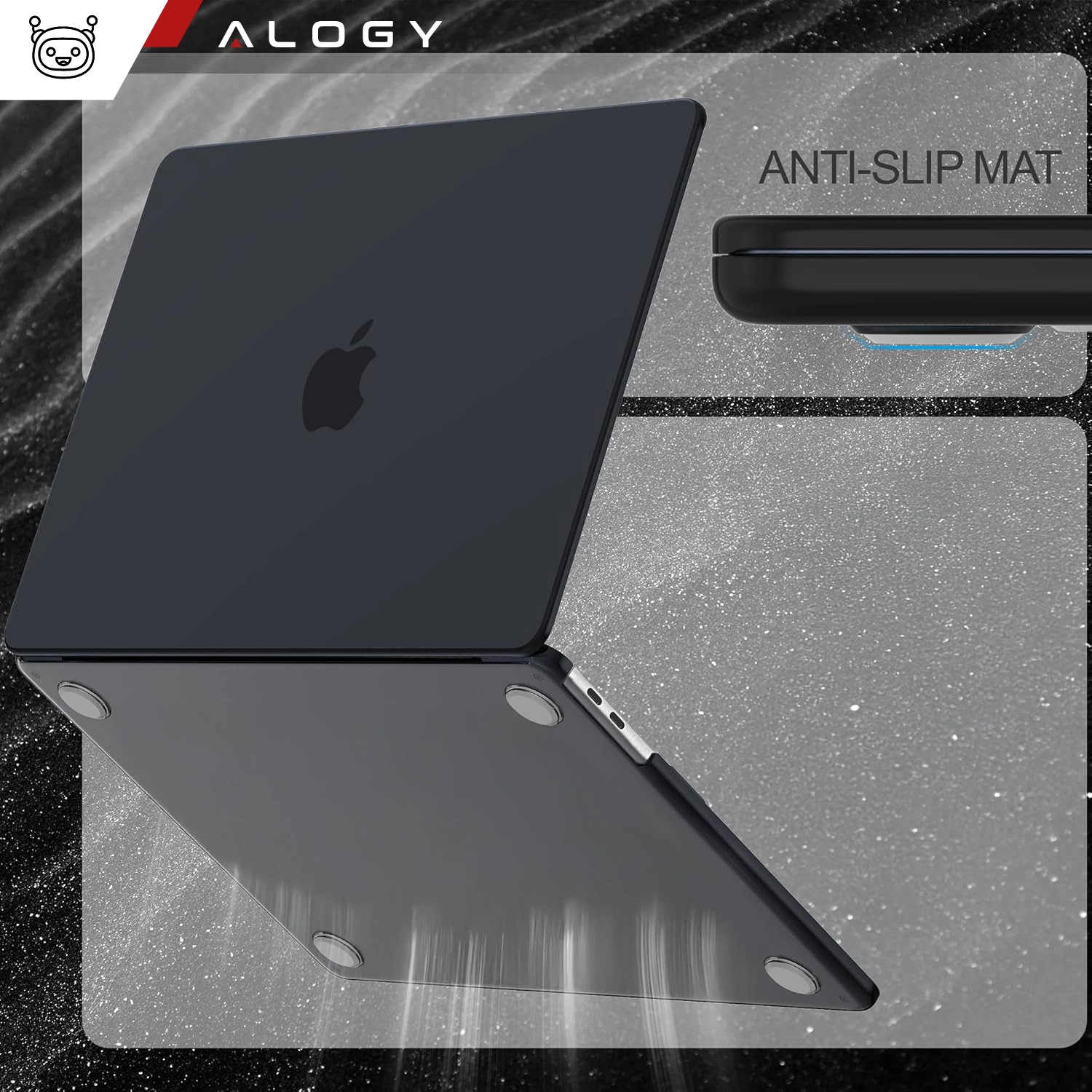Obraz przedstawia matowe, czarne etui ochronne na laptopa z logo w kształcie jabłka. Widoczny jest napis \'ANTI-SLIP MAT\' oraz logo \'ALOGY\'.