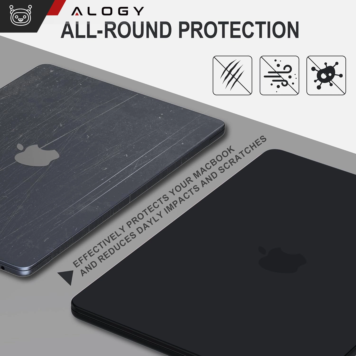 Obraz przedstawia dwa etui na MacBooka, jedno z widocznymi zarysowaniami, drugie w matowej czerni. Na górze widnieje napis \'ALOGY ALL-ROUND PROTECTION\' oraz ikony symbolizujące ochronę przed zarysowaniami, kurzem i bakteriami.
