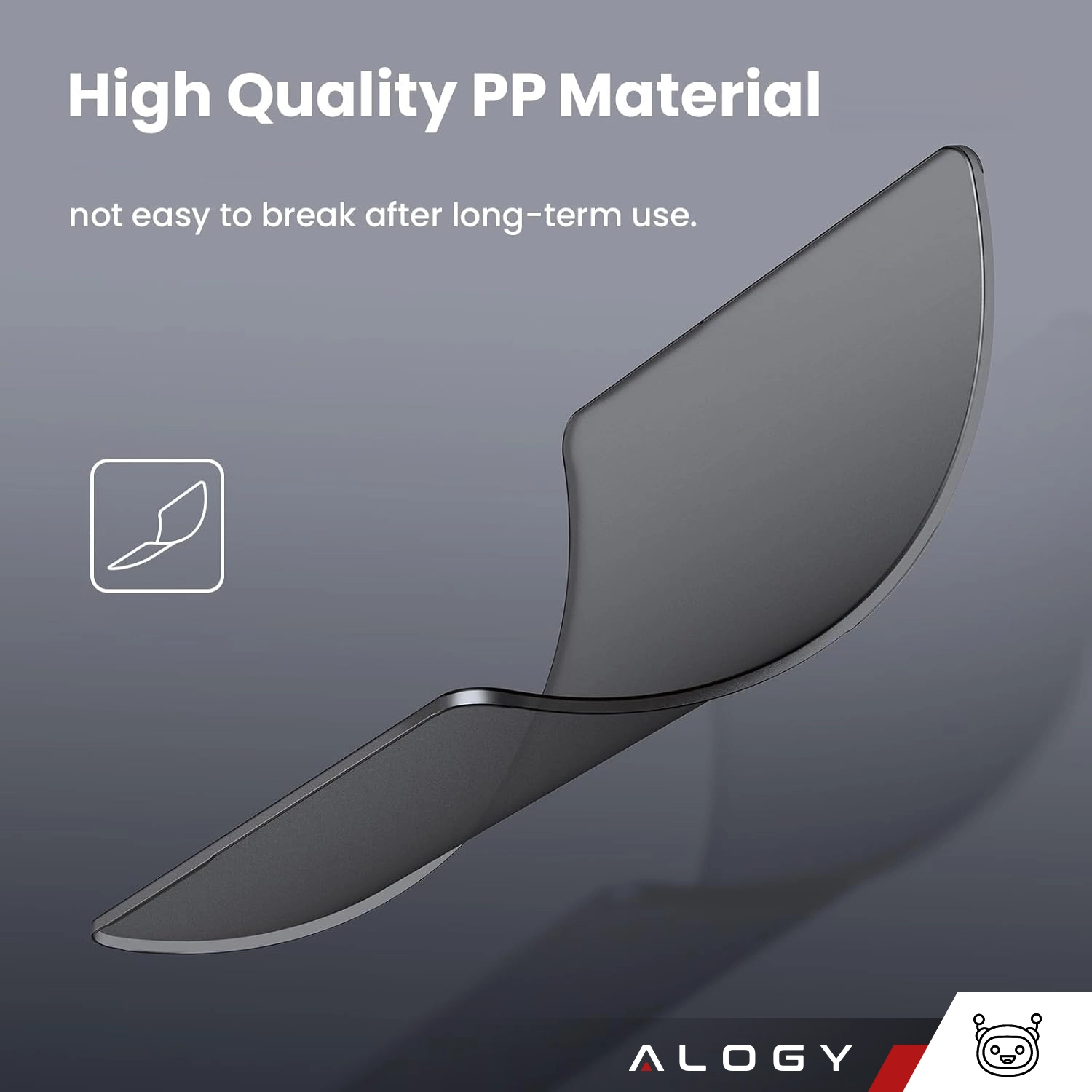 Obraz przedstawia elastyczną, matową obudowę ochronną w kolorze czarnym. Na górze widoczny jest tekst: \'High Quality PP Material not easy to break after long-term use\', a w prawym dolnym rogu znajduje się logo \'ALOGY\'.