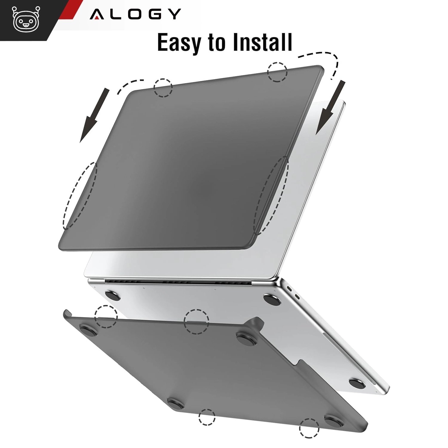 Obraz przedstawia etui ochronne w kolorze matowej czerni, które jest montowane na laptopie. Na górze widoczne jest logo \'ALOGY\' oraz tekst \'Easy to Install\'.