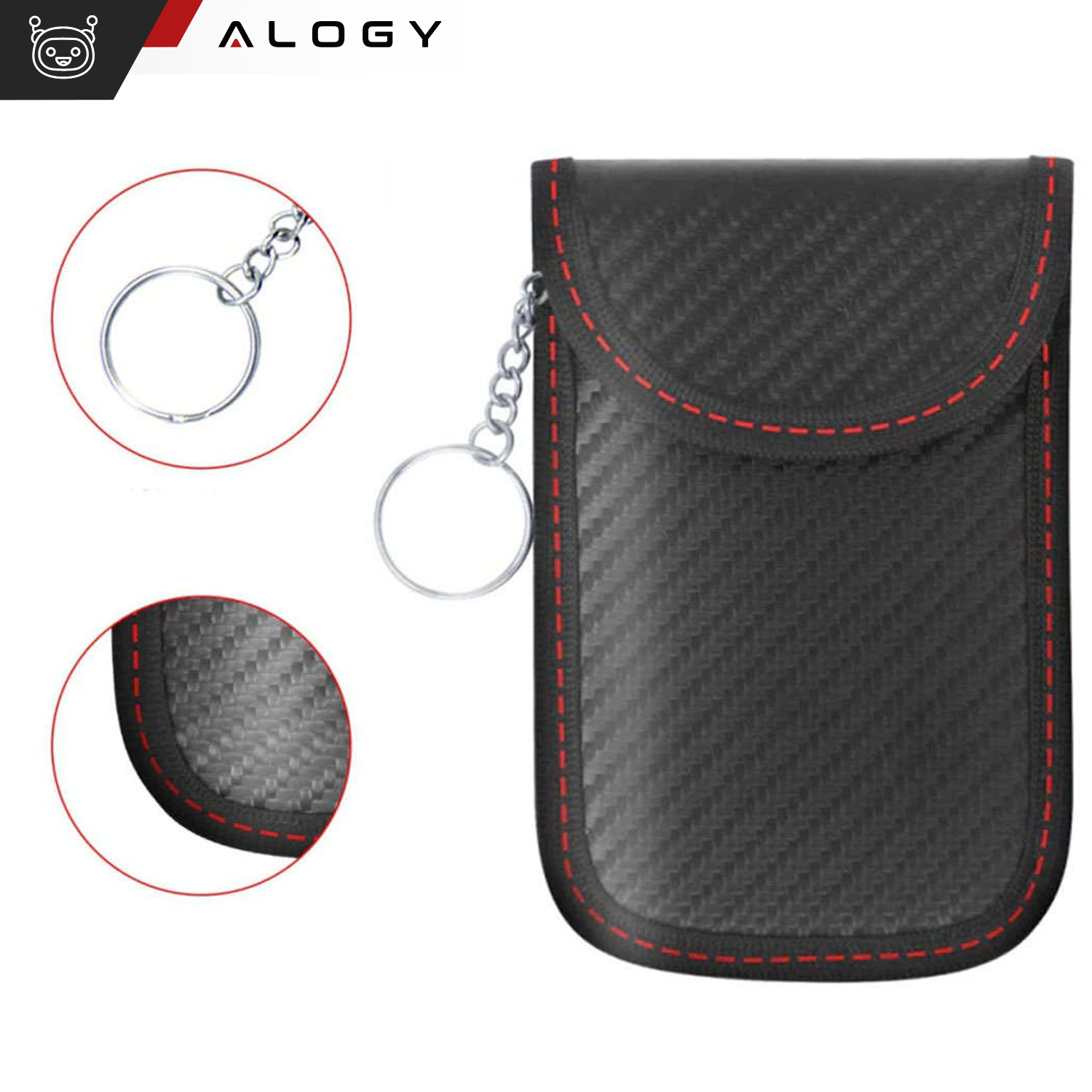 Na obrazie widoczne jest czarne etui z czerwonymi szwami, posiadające metalowy brelok na łańcuszku. W lewym górnym rogu znajduje się logo \'ALOGY\'.