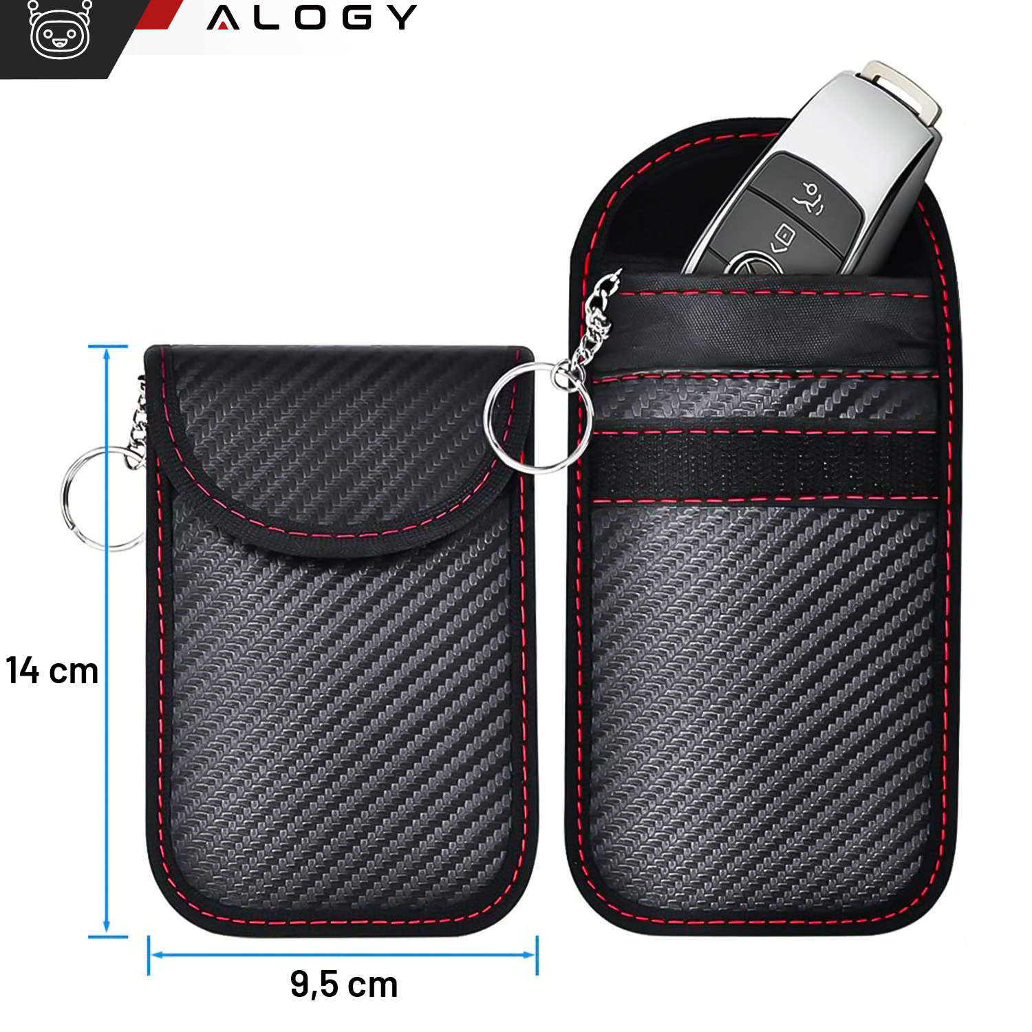 Na obrazie widoczne są dwa czarne etui z czerwonymi szwami, jedno z nich zawiera klucz samochodowy. Wymiary etui to 14 cm na 9,5 cm, a w lewym górnym rogu znajduje się logo Alogy.