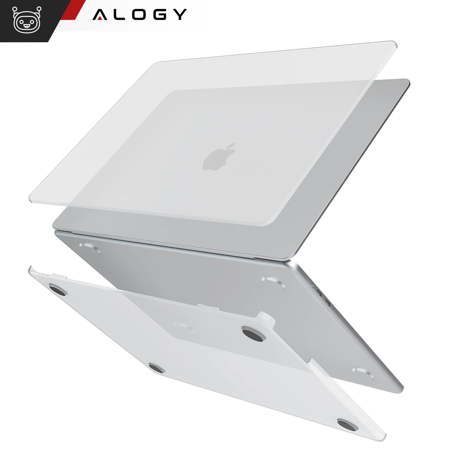 Obraz przedstawia przezroczyste, matowe etui na laptopa, składające się z dwóch części. W lewym górnym rogu widoczne jest logo \'ALOGY\'.