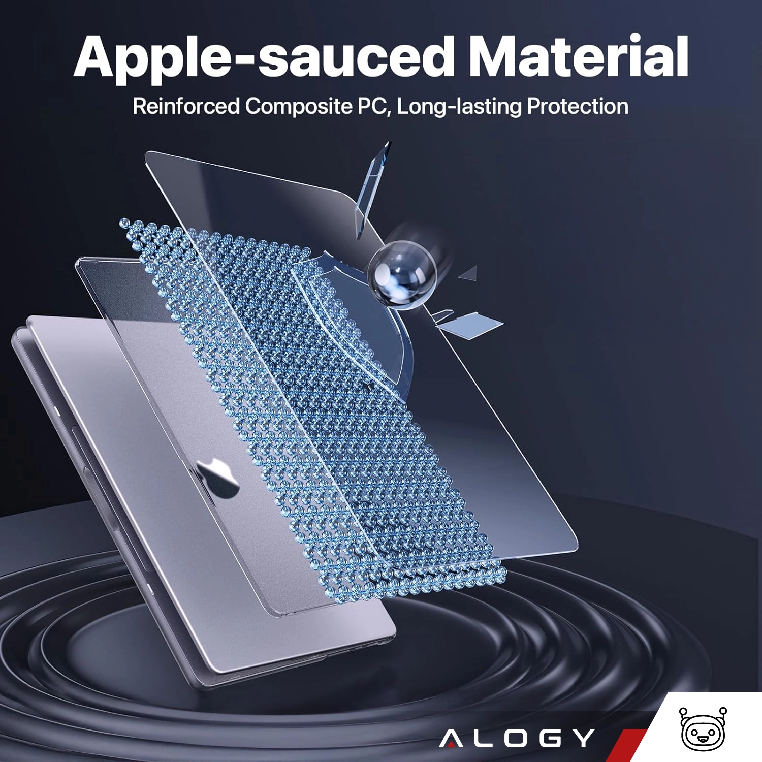 Grafika przedstawia warstwową strukturę ochronną etui na laptopa z tekstem: \'Apple-sauced Material Reinforced Composite PC, Long-lasting Protection\'. Widoczne jest logo \'ALOGY\' w dolnym rogu.