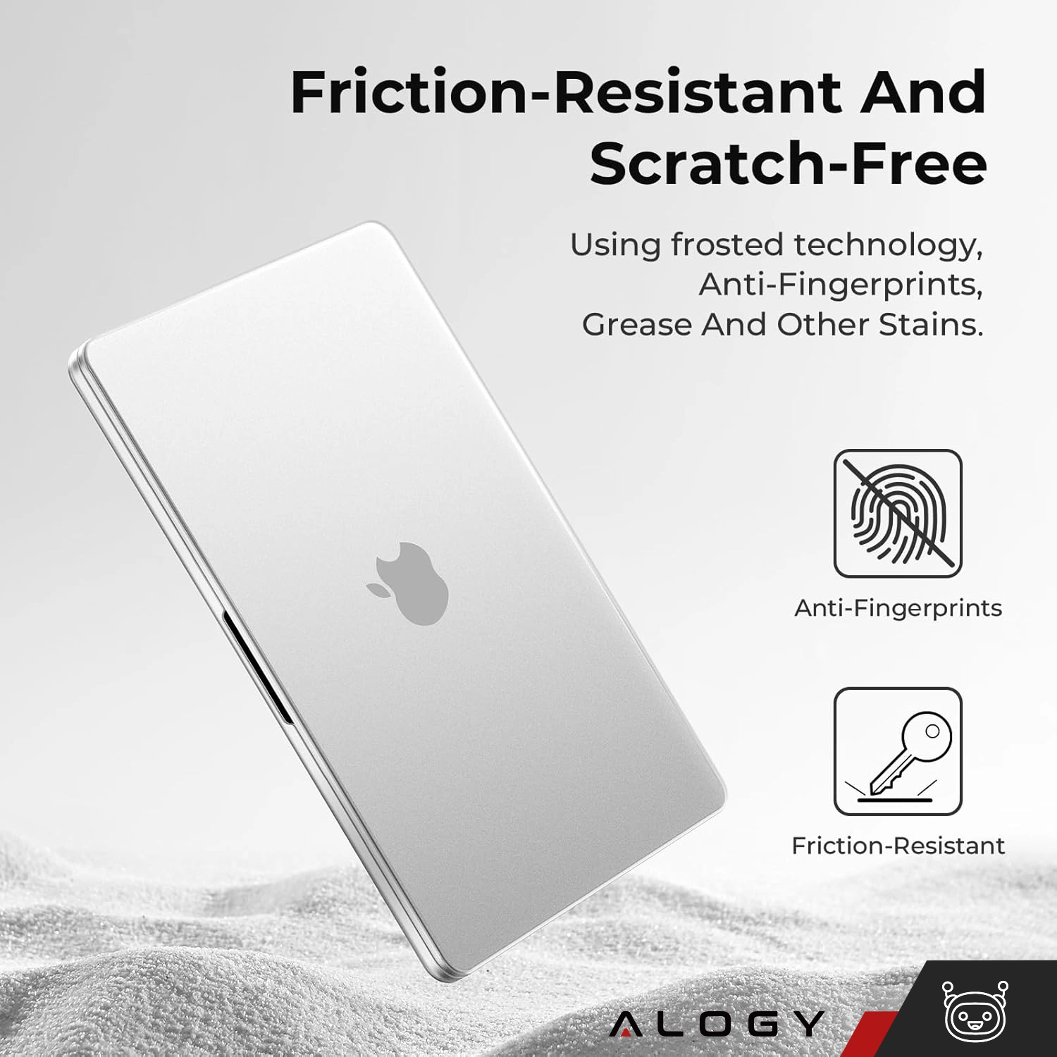 Obraz przedstawia przezroczyste, białe etui na laptopa z logo w kształcie jabłka. Tekst na obrazie: \'Friction-Resistant And Scratch-Free\', \'Using frosted technology, Anti-Fingerprints, Grease And Other Stains\', \'Anti-Fingerprints\', \'Friction-Resistant\'.