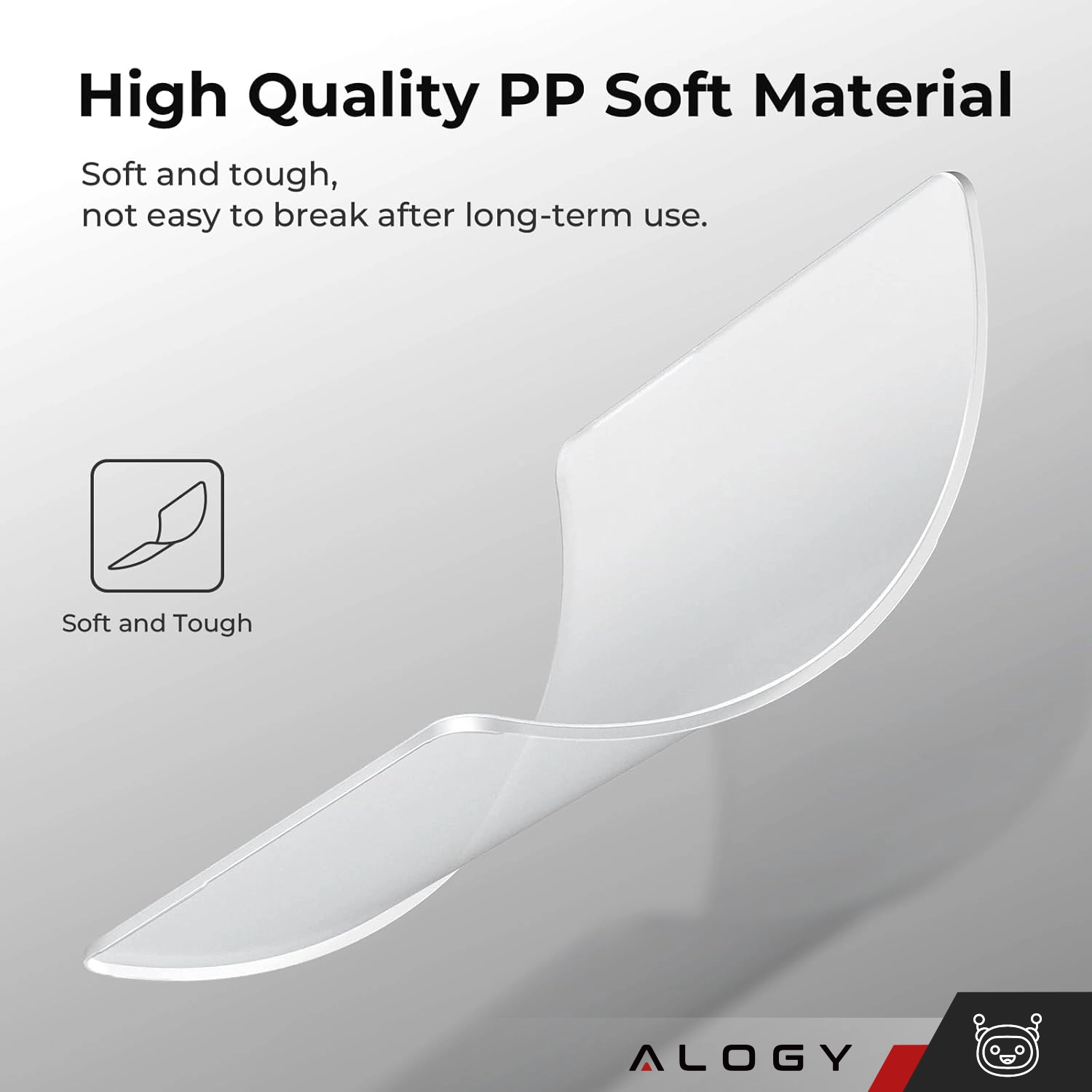 Obraz przedstawia przezroczyste, elastyczne etui z napisem \'High Quality PP Soft Material\'. Widoczne są również teksty: \'Soft and tough, not easy to break after long-term use\' oraz logo \'ALOGY\'.