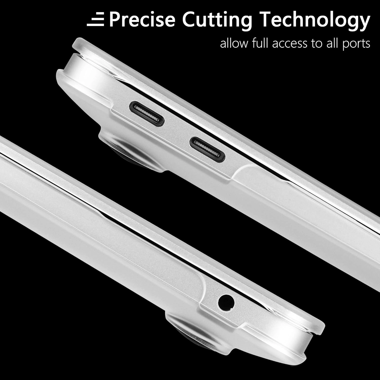 Obraz przedstawia dwa zbliżenia na krawędzie laptopa z widocznymi portami, na czarnym tle. Tekst na górze obrazu brzmi: \'Precise Cutting Technology allow full access to all ports\'.