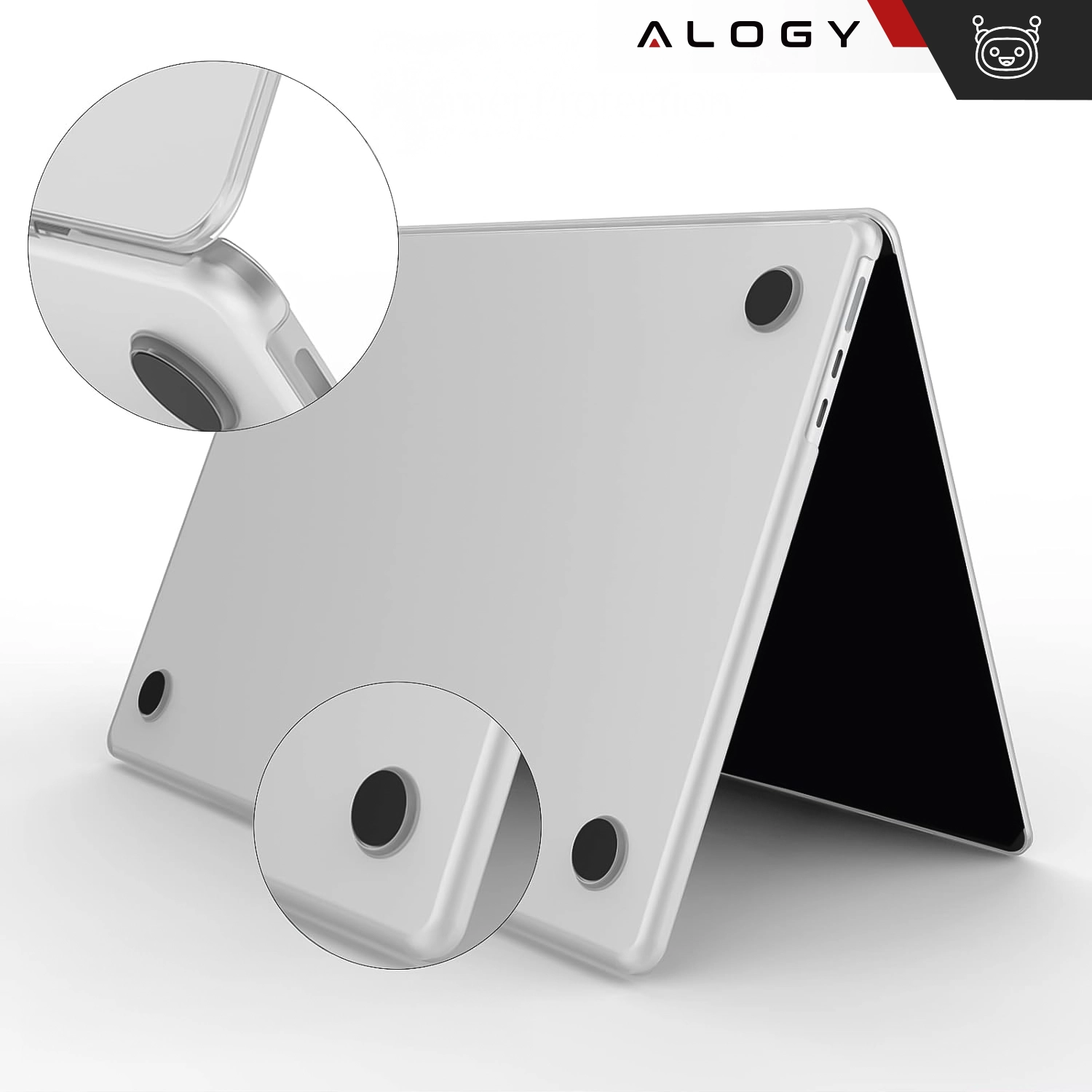 Przezroczyste, matowe etui na laptopa z widocznymi okrągłymi podkładkami antypoślizgowymi. Logo \'ALOGY\' znajduje się w górnym rogu obrazu.