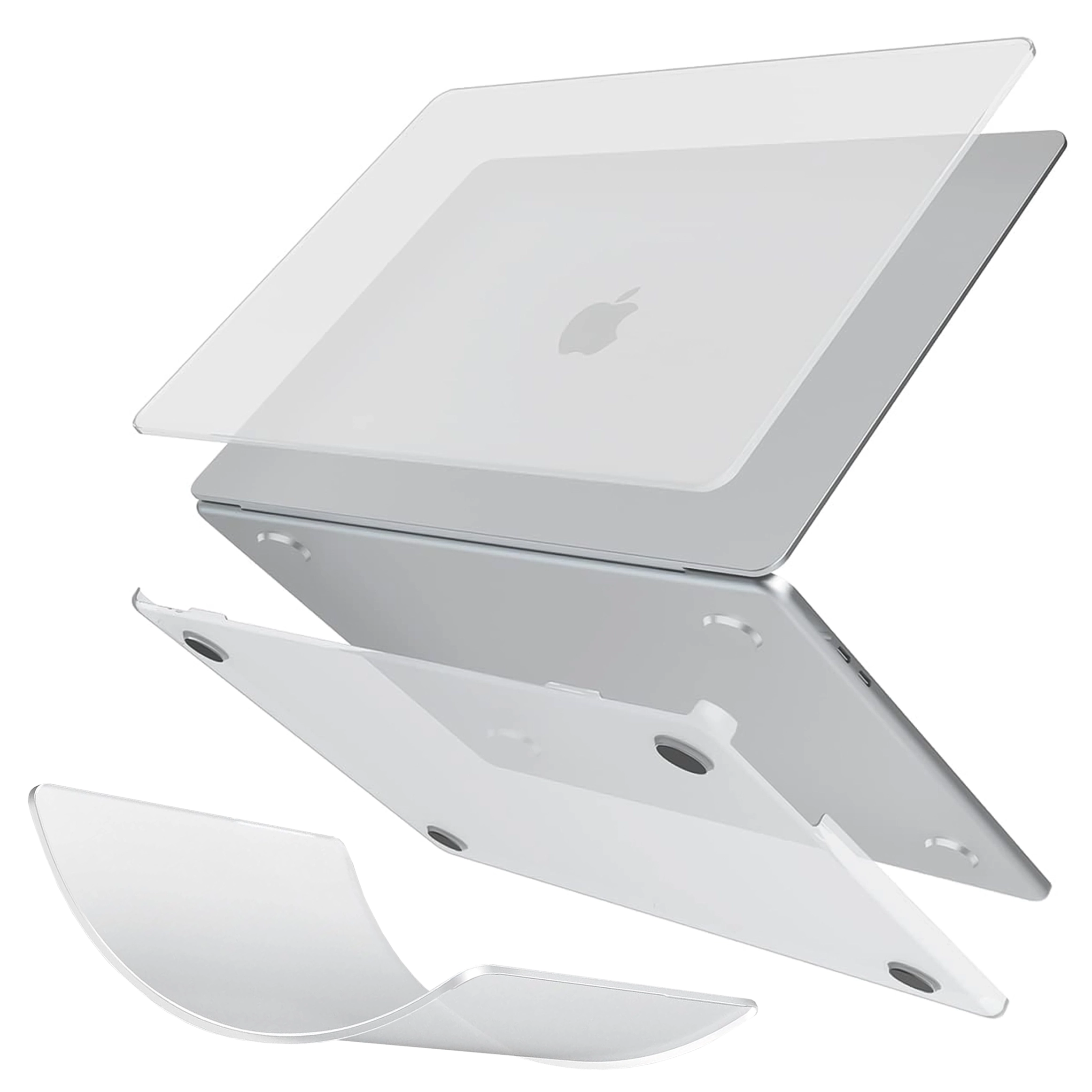 Przezroczyste, matowe etui na laptopa, składające się z dwóch części, pokazane w formie eksplodowanego widoku. Widoczne logo producenta na górnej części etui.
