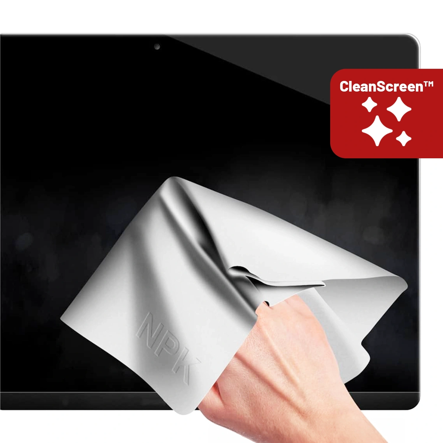 Osoba trzyma szarą ściereczkę z napisem \'NPK\', czyszcząc ekran urządzenia. W prawym górnym rogu widnieje czerwone logo z napisem \'CleanScreen™\' i trzema białymi gwiazdkami.