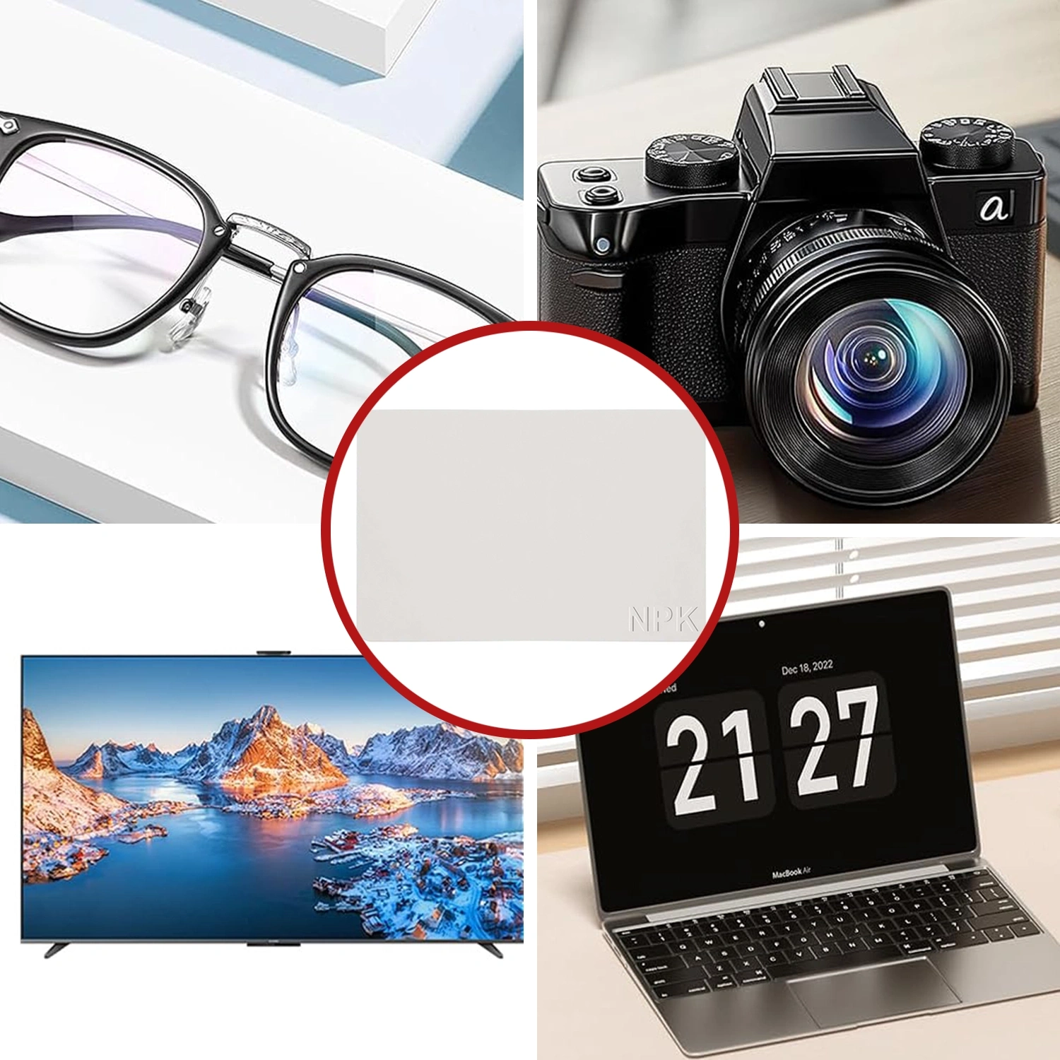 Obraz przedstawia zestaw produktów: okulary, aparat fotograficzny, telewizor z krajobrazem górskim, laptop z wyświetlaczem zegara oraz ściereczkę ochronną z napisem \'NPK\'.