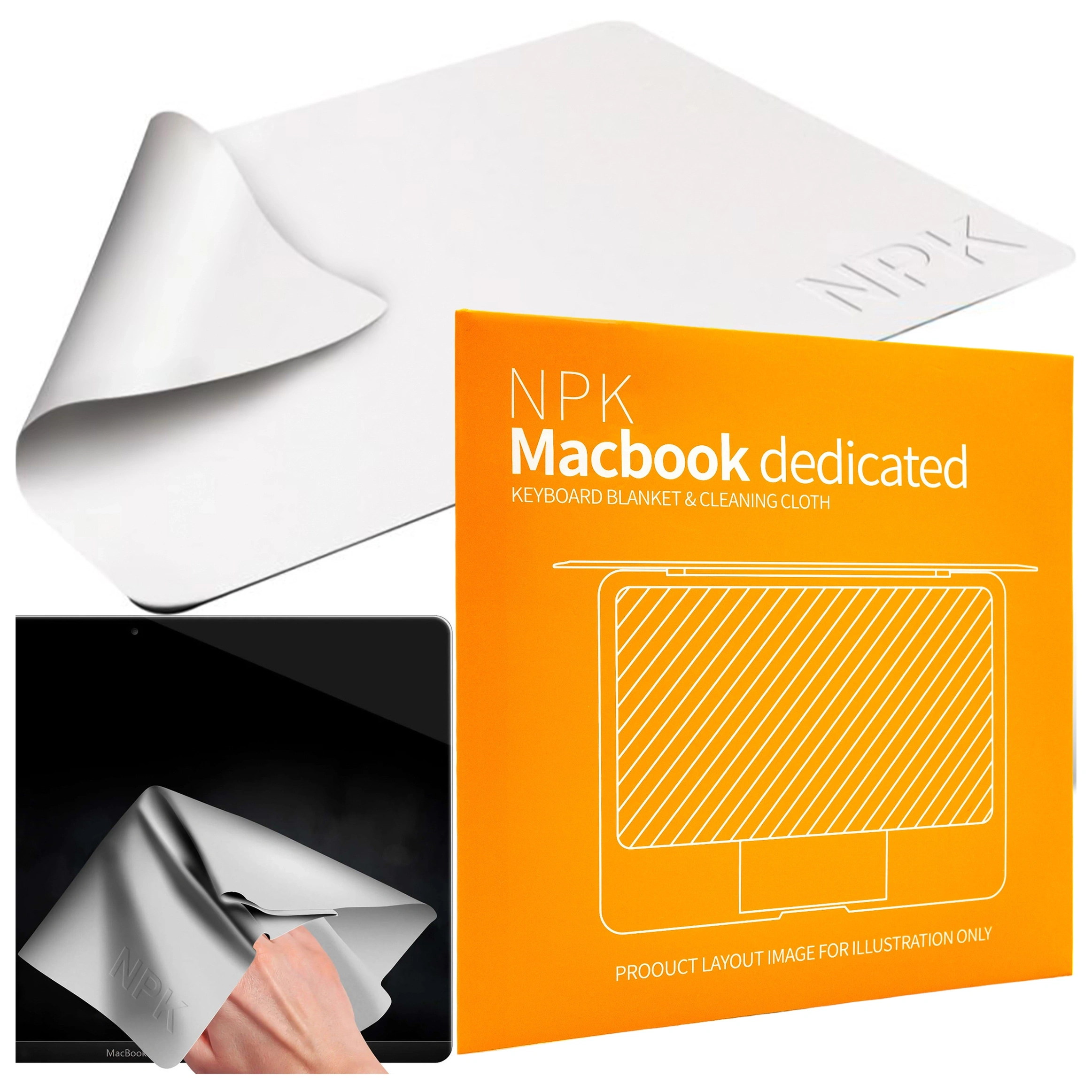 Obraz przedstawia białą ściereczkę z mikrofibry z wytłoczonym napisem \'NPK\'. Obok znajduje się pomarańczowe opakowanie z napisem \'NPK Macbook dedicated KEYBOARD BLANKET & CLEANING CLOTH\'.