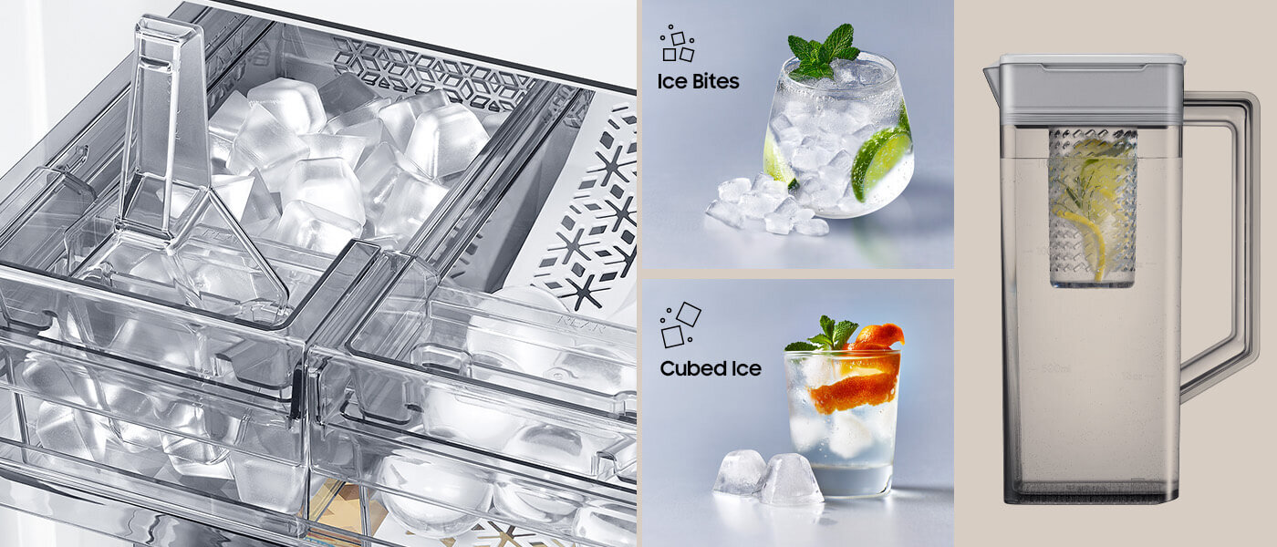 Media Expert - chłodziarko-zamrażarka - większy wybor Obraz przedstawia wnętrze lodówki z kostkarką do lodu oraz dwa rodzaje lodu: \'Ice Bites\' i \'Cubed Ice\'. Obok znajduje się dzbanek z wodą i plasterkiem cytryny.
