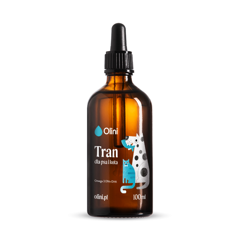 Brązowa butelka z pipetą, na której widnieje napis \'Olini Tran dla psa i kota Omega 3 EPA+DHA olini.pl 100ml\'. Na etykiecie znajduje się ilustracja psa i kota.