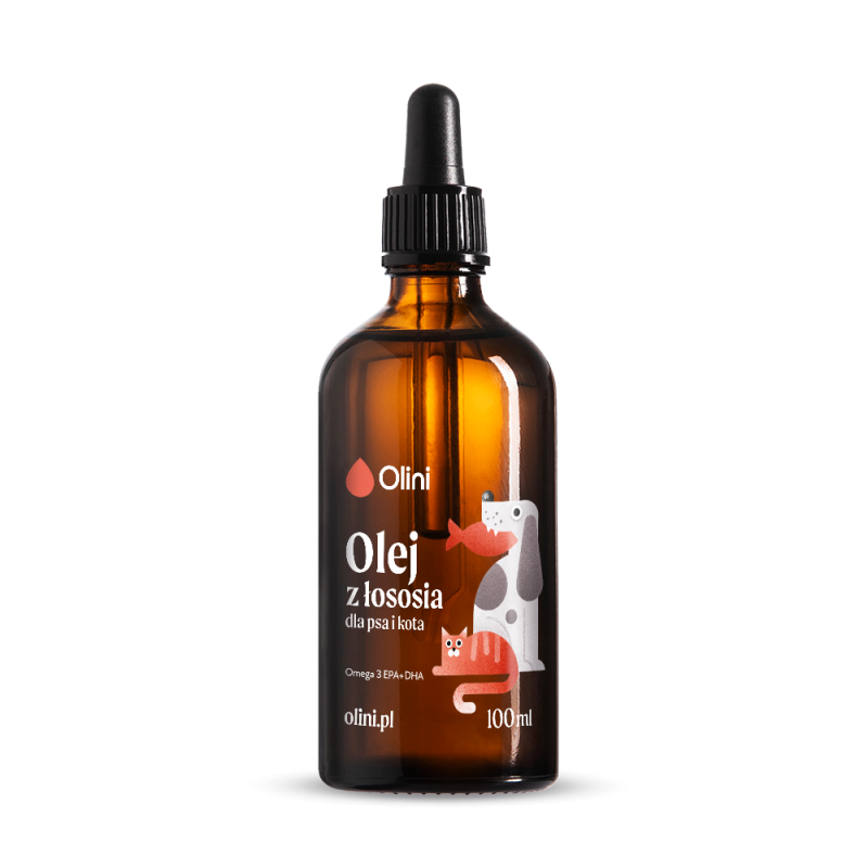 Brązowa butelka z pipetą, na której widnieje napis \'Olini Olej z łososia dla psa i kota\'. Obok napisu znajduje się ilustracja psa i kota oraz tekst \'Omega 3 EPA + DHA\', \'olini.pl\', \'100 ml\'.