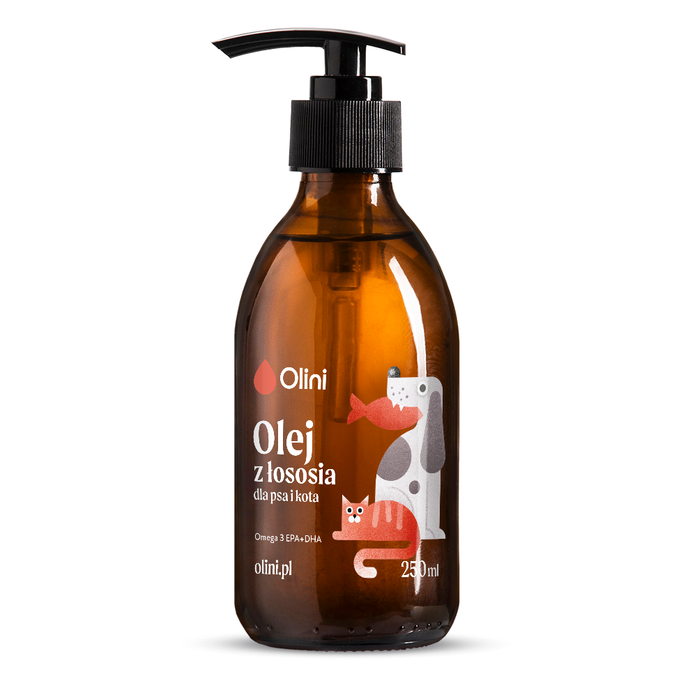 Brązowa butelka z pompką zawiera produkt \'Olini Olej z łososia dla psa i kota\'. Na etykiecie widoczne są ilustracje psa i kota oraz tekst \'Omega 3 EPA+DHA\', \'olini.pl\', \'250 ml\'.