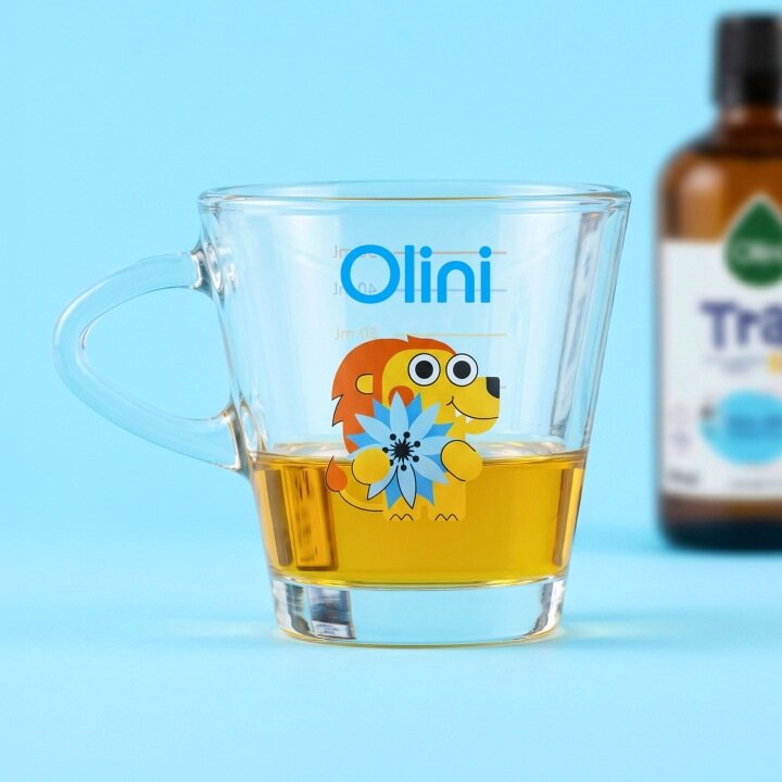 Szklanka z przezroczystego szkła z rysunkiem lwa trzymającego niebieski kwiat, wypełniona żółtym płynem. Na szklance widnieje napis \'Olini\', a w tle znajduje się rozmyta butelka z etykietą \'Tran\'.