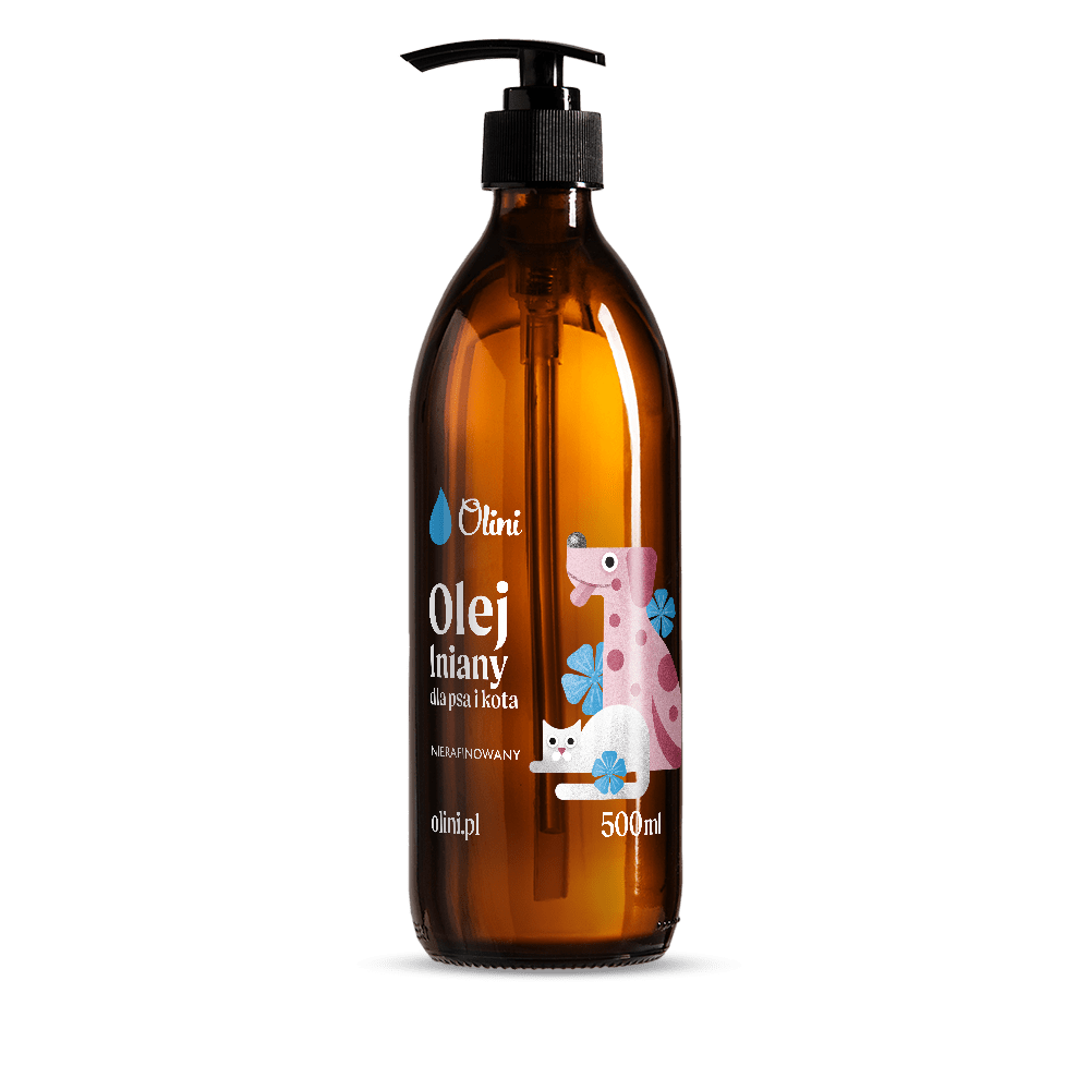 Butelka z brązowego szkła z pompką, na której widnieje napis: \'Olini Olej lniany dla psa i kota Nierafinowany olini.pl 500ml\'. Na etykiecie znajduje się ilustracja różowego psa i białego kota z niebieskimi kwiatami.