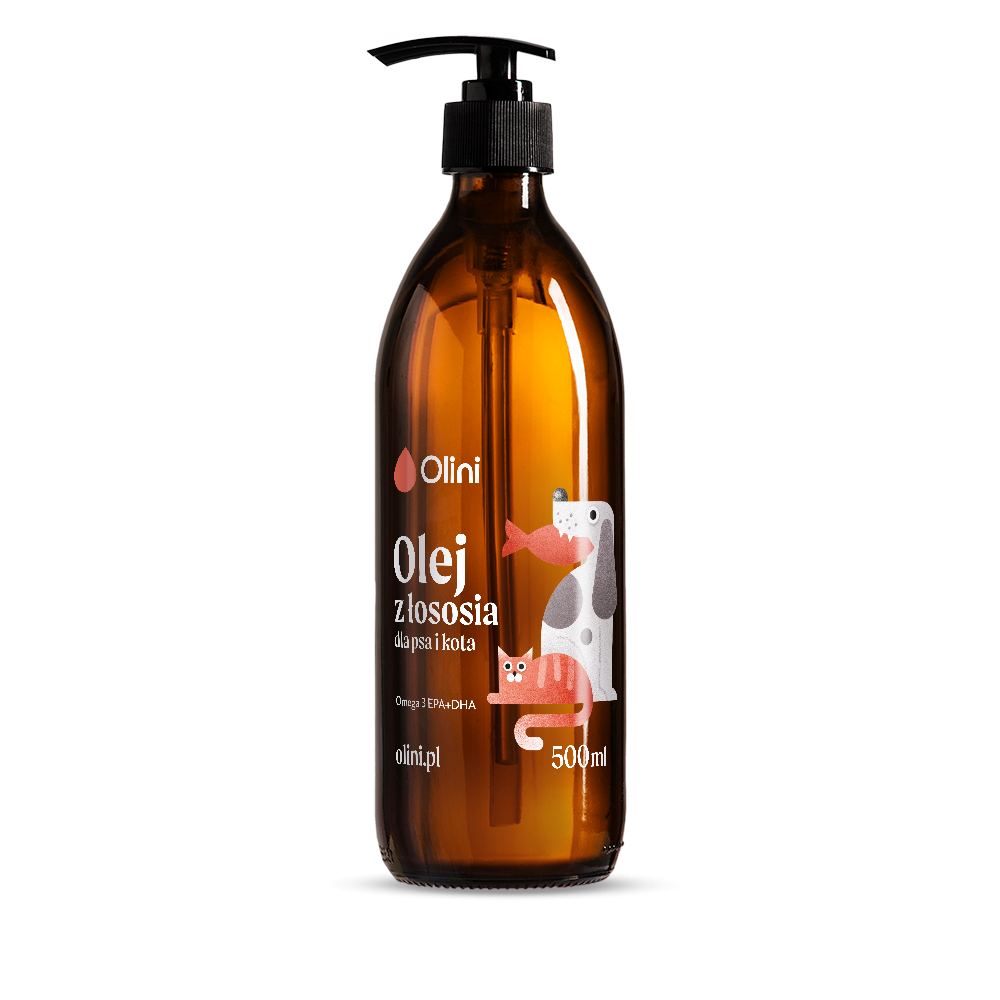 Brązowa butelka z pompką zawiera produkt \'Olini Olej z łososia dla psa i kota\'. Na etykiecie widoczne są ilustracje psa i kota oraz tekst \'Omega 3 EPA+DHA\', \'olini.pl\', \'500ml\'.