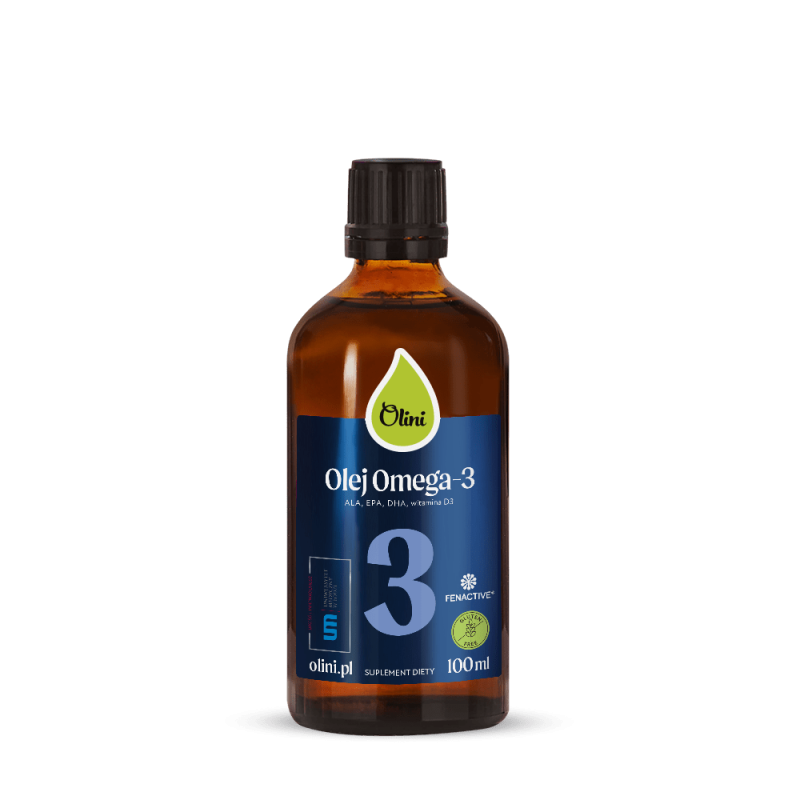 Butelka z ciemnego szkła z etykietą \'Olini Olej Omega-3\' o pojemności 100 ml. Na etykiecie widoczne są napisy: \'ALA, EPA, DHA, witamina D3\', \'FENACTIVE\', \'olini.pl\', \'SUPLEMENT DIETY\'.