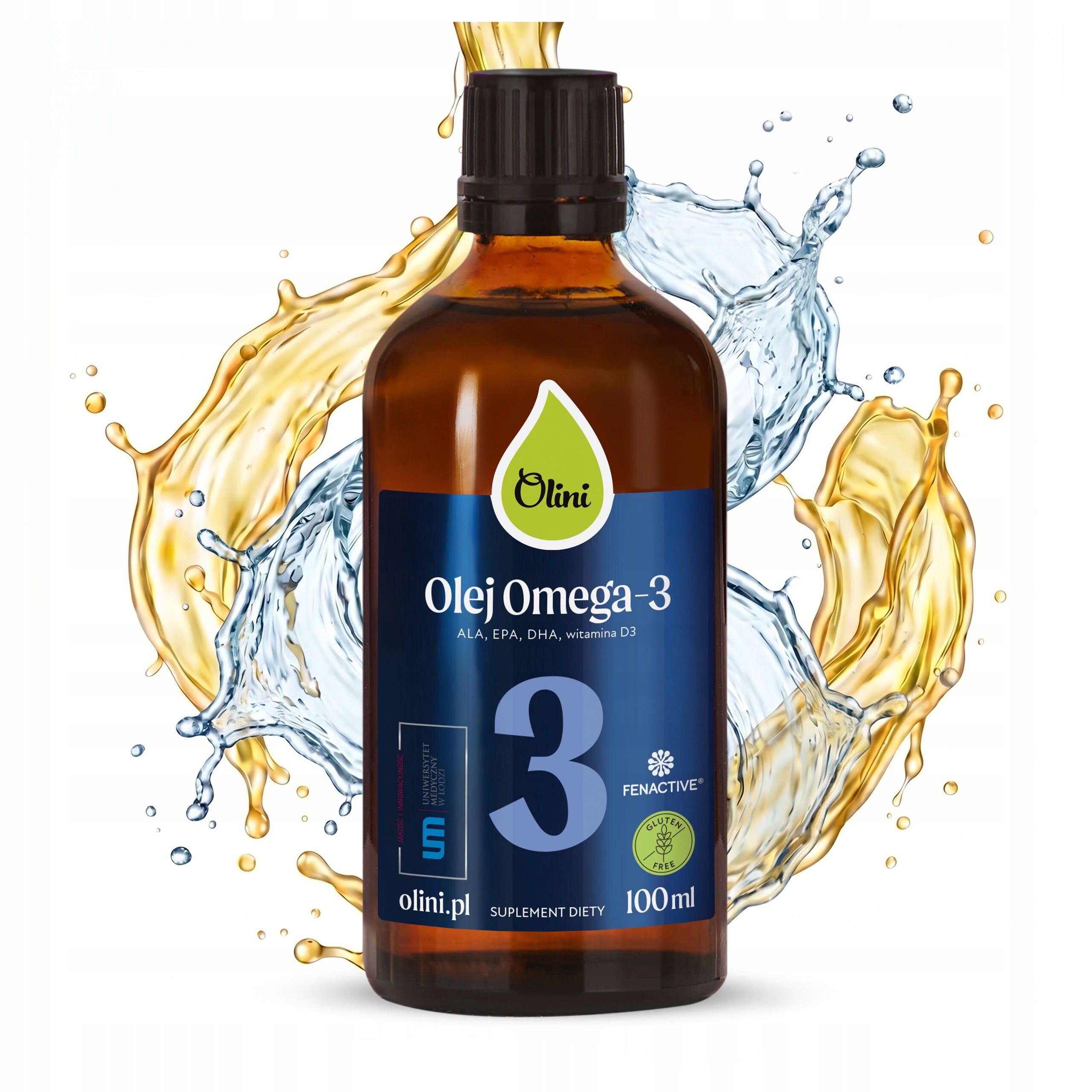 Butelka z ciemnego szkła z etykietą \'Olini Olej Omega-3 ALA, EPA, DHA, witamina D3\'. W tle widoczne są dynamiczne rozpryski oleju i wody.